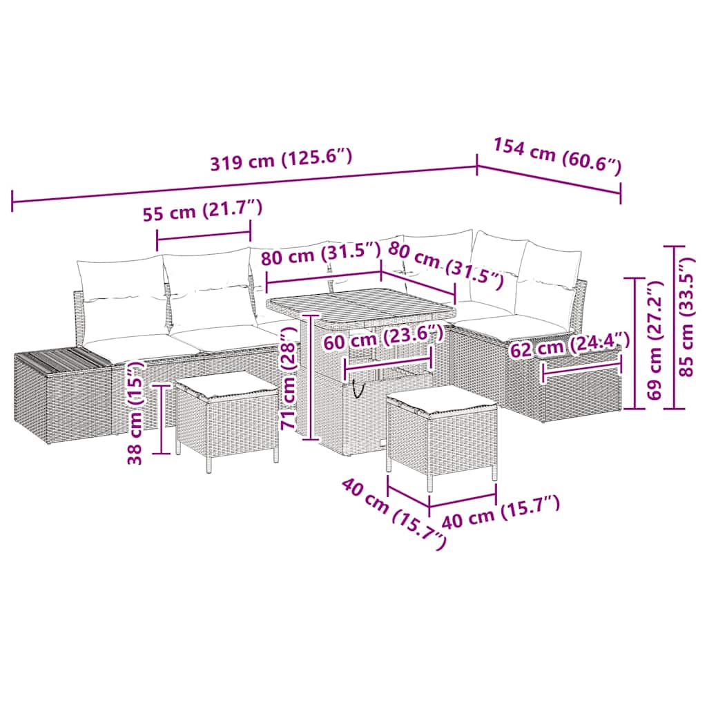 Set Divano da Giardino con cuscino 9 pcs Beige Poly Rattan - homemem39