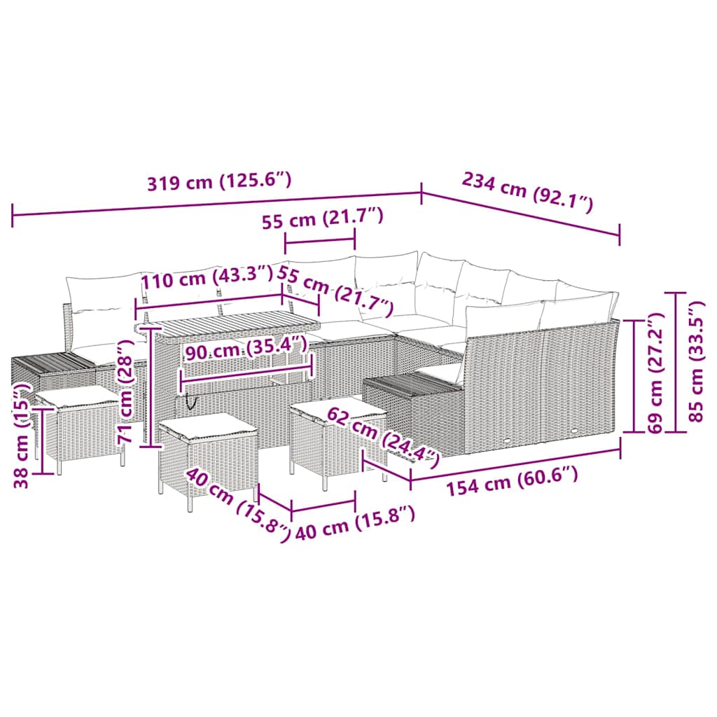 Set Divano da Giardino 13 pcs Nero Poly Rattan - homemem39