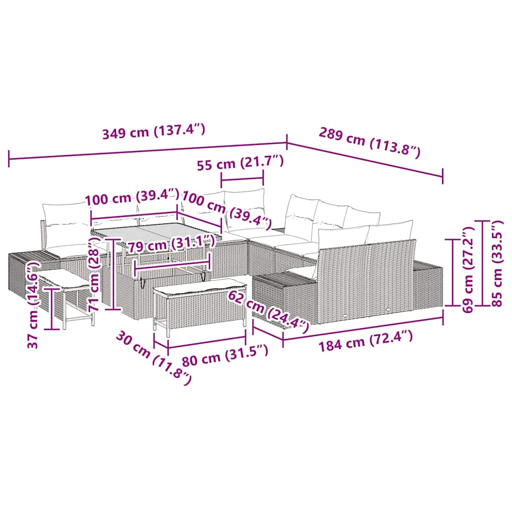 Set Divano da Giardino con cuscino 13 pcs Nero Poly Rattan - homemem39