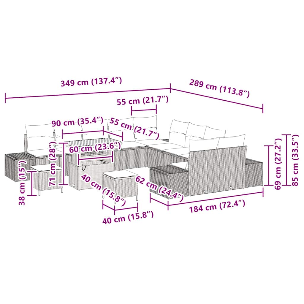 Set Divano da Giardino con cuscino 13 pcs Grigio Poly Rattan - homemem39