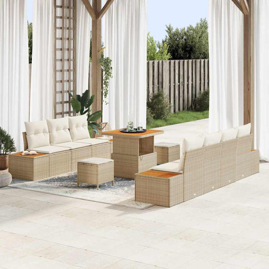 Set Divano da Giardino con cuscino 10 pcs Beige Poly Rattan