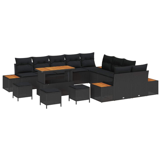 Set Divano da Giardino con cuscino 14 pcs Nero Poly Rattan