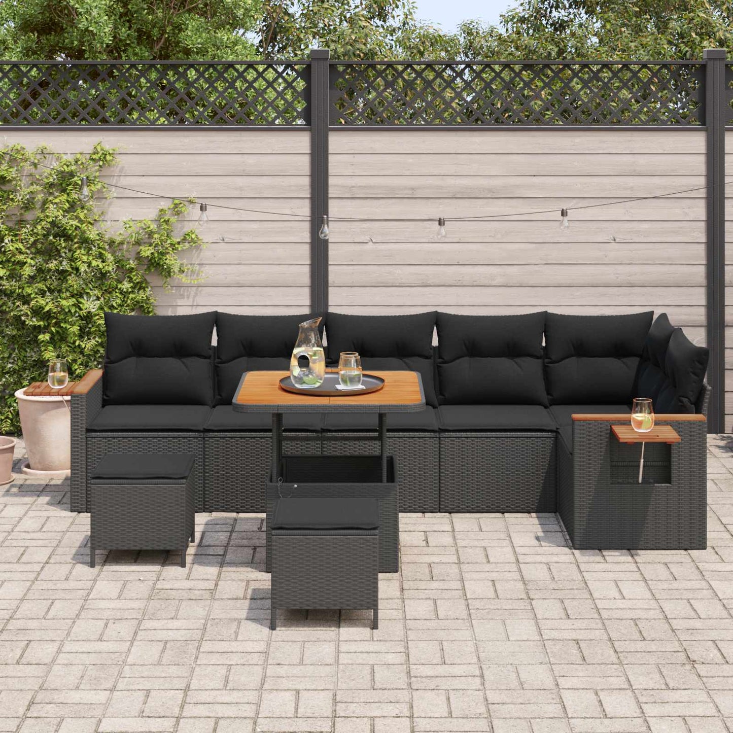 Set Divano da Giardino 9 pcs Nero polyrattan