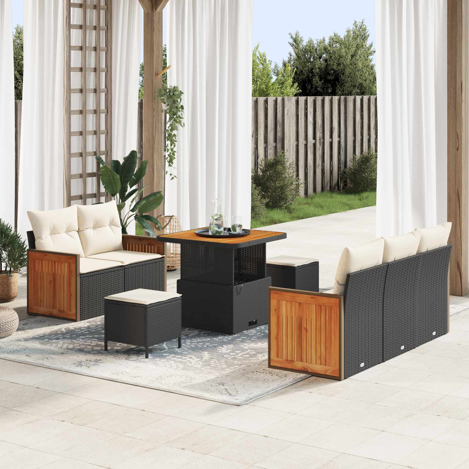 Set Divano da Giardino con cuscino 8 pcs Nero e Crema | homemem39
