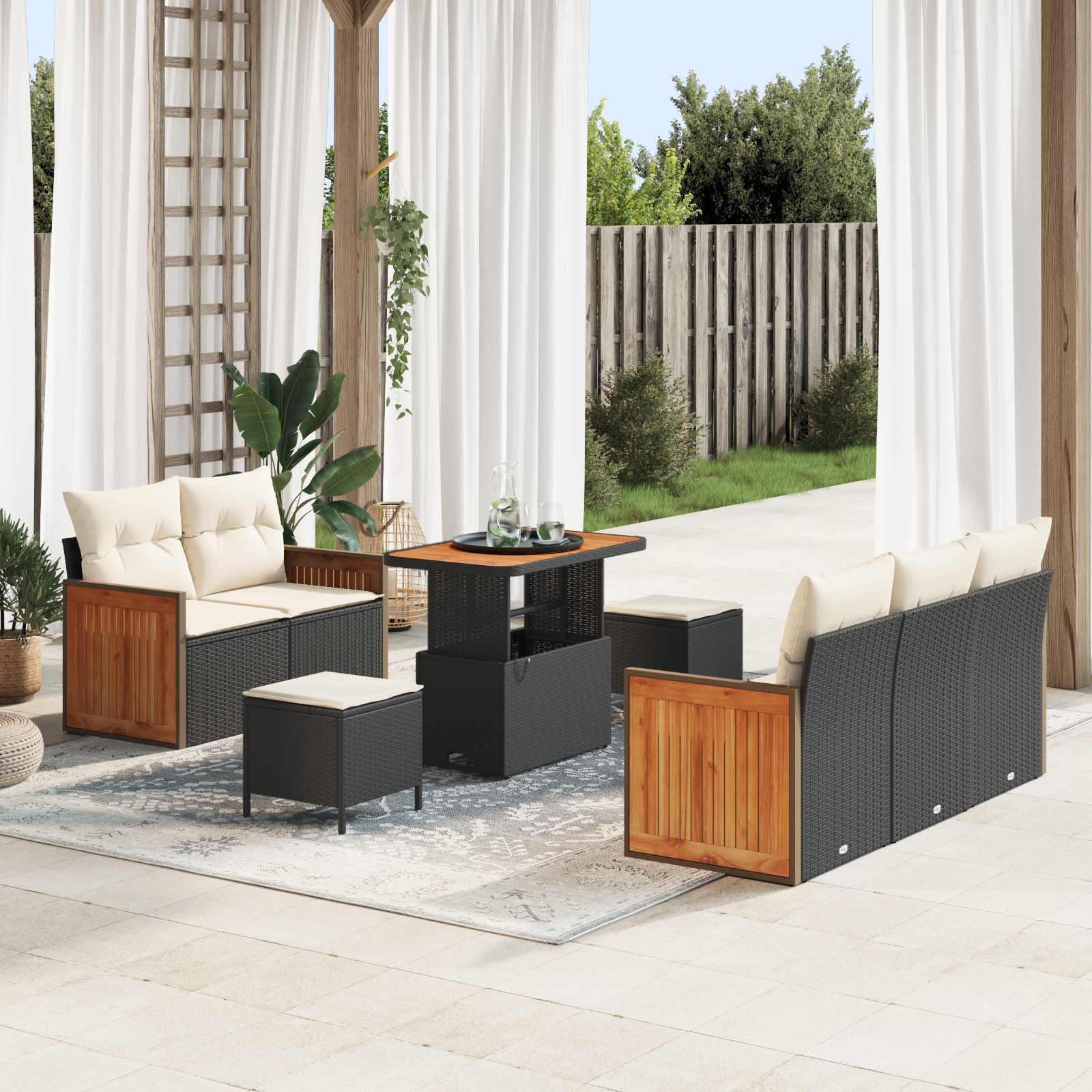 Set Divano da Giardino con cuscino 8 pcs Nero e Crema | homemem39