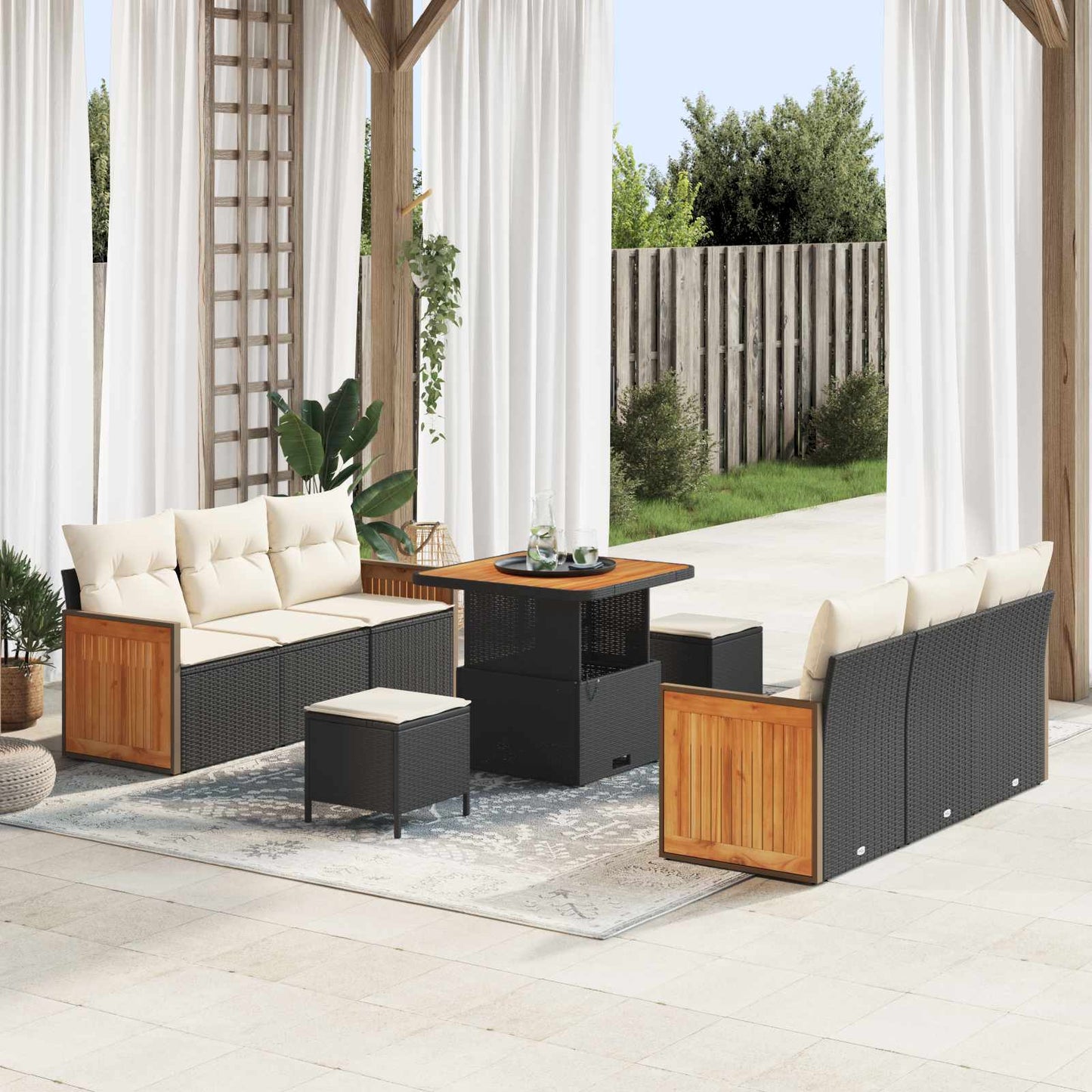 Set Divano da Giardino con cuscino 9 pcs Nero e Crema | homemem39