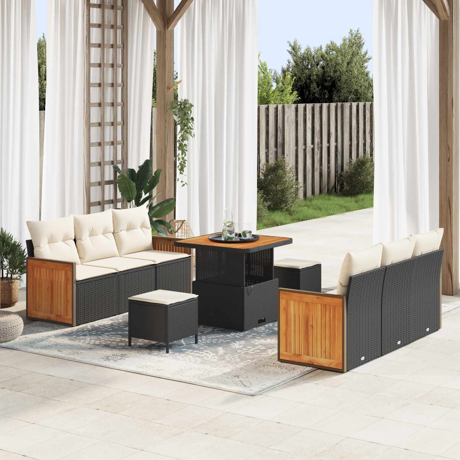 Set Divano da Giardino con cuscino 9 pcs Nero e Crema | homemem39