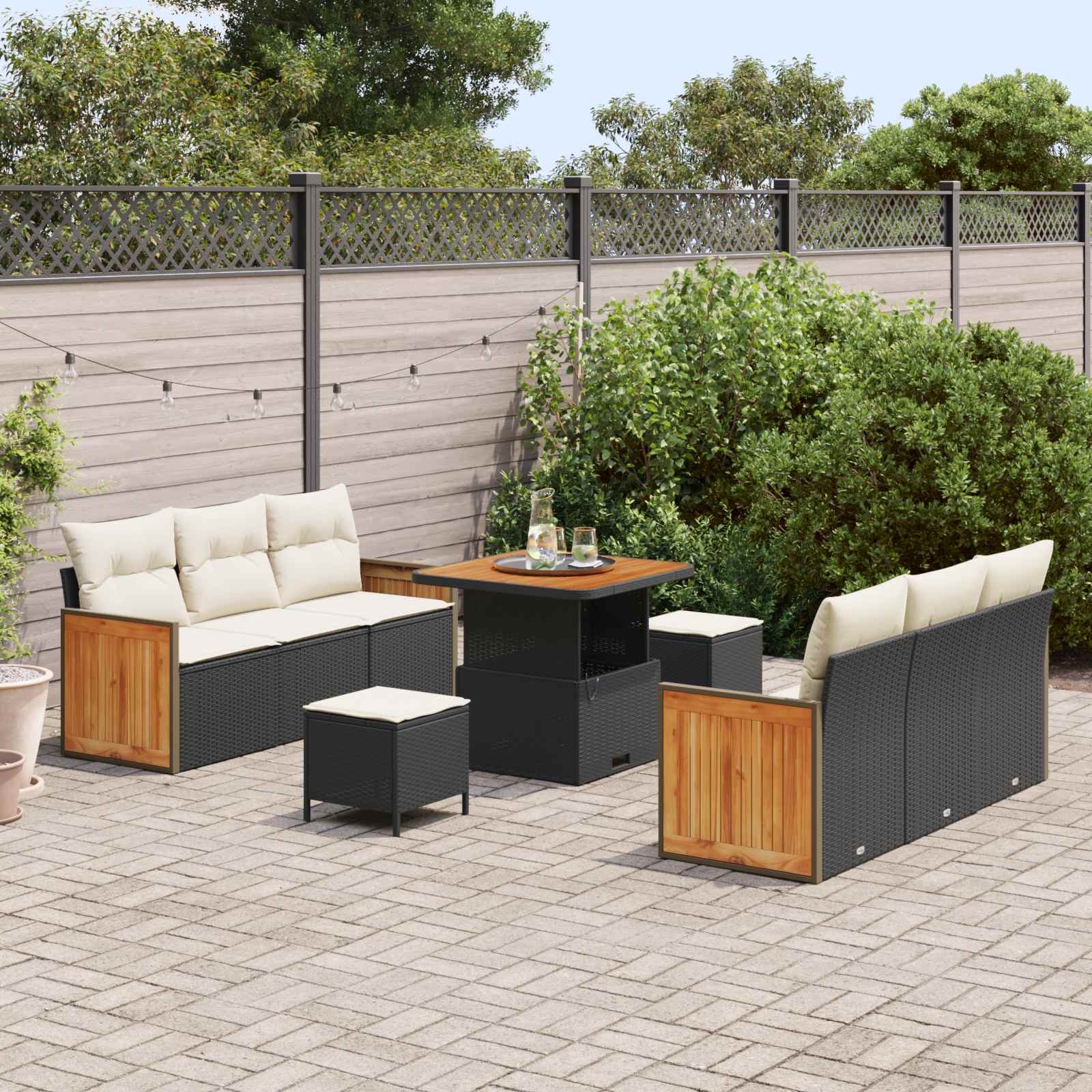 Set Divano da Giardino con cuscino 9 pcs Nero e Crema | homemem39
