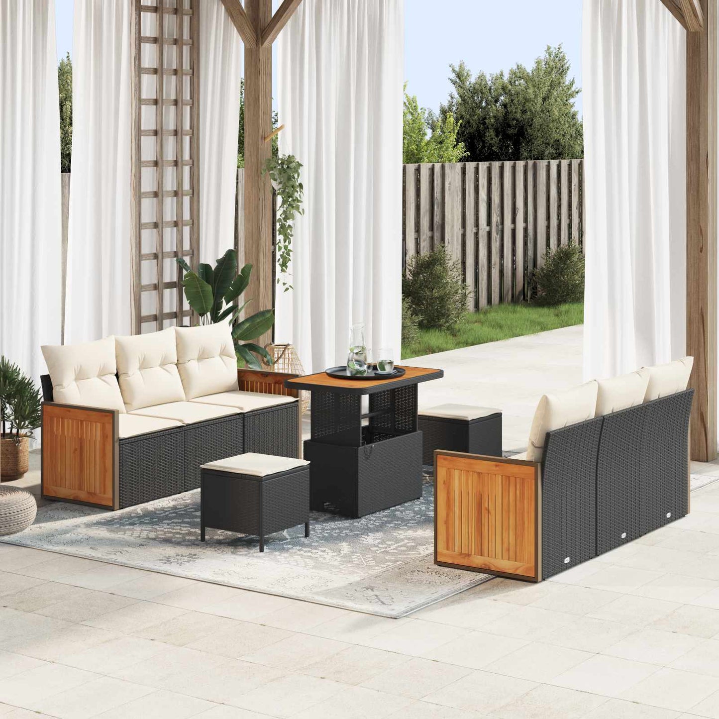 Set Divano da Giardino con cuscino 9 pcs Nero e Crema | homemem39