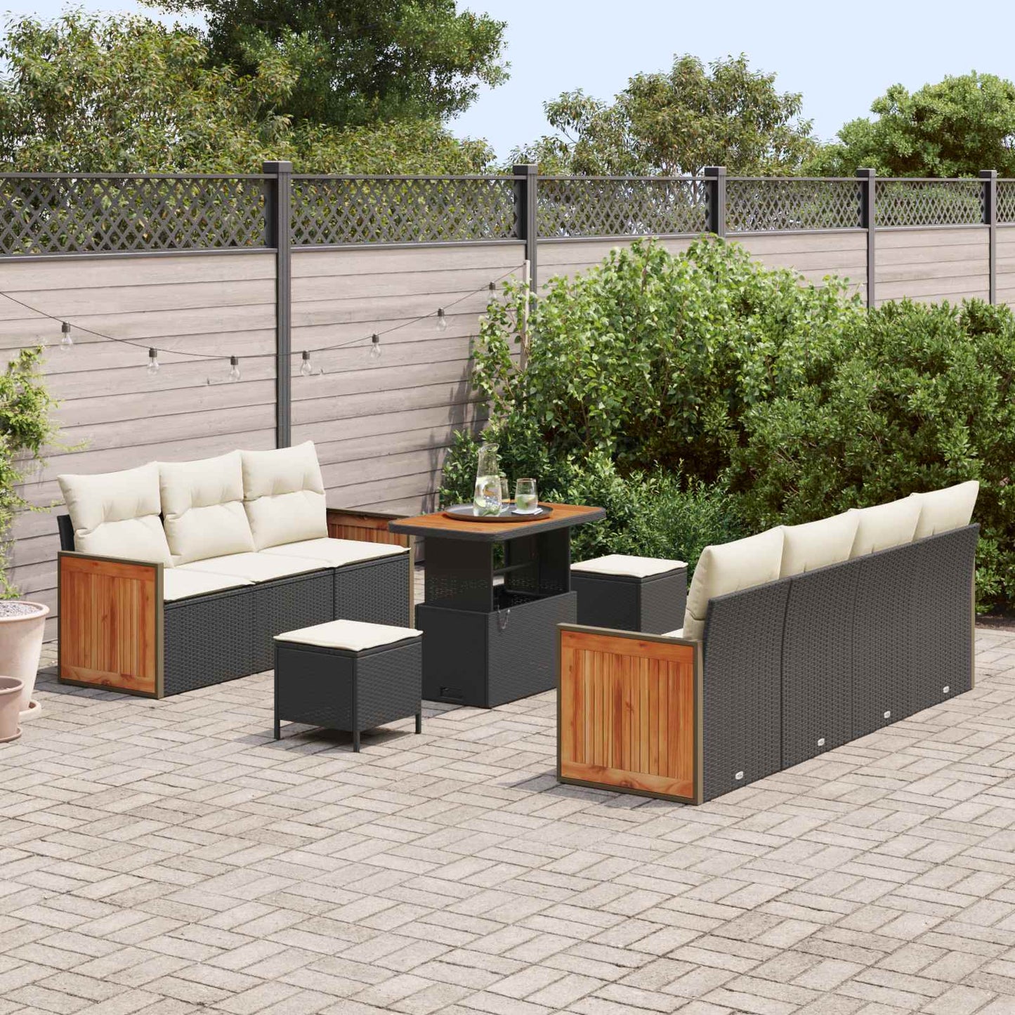 Set Divano da Giardino con cuscino 10 pcs Nero e Crema | homemem39