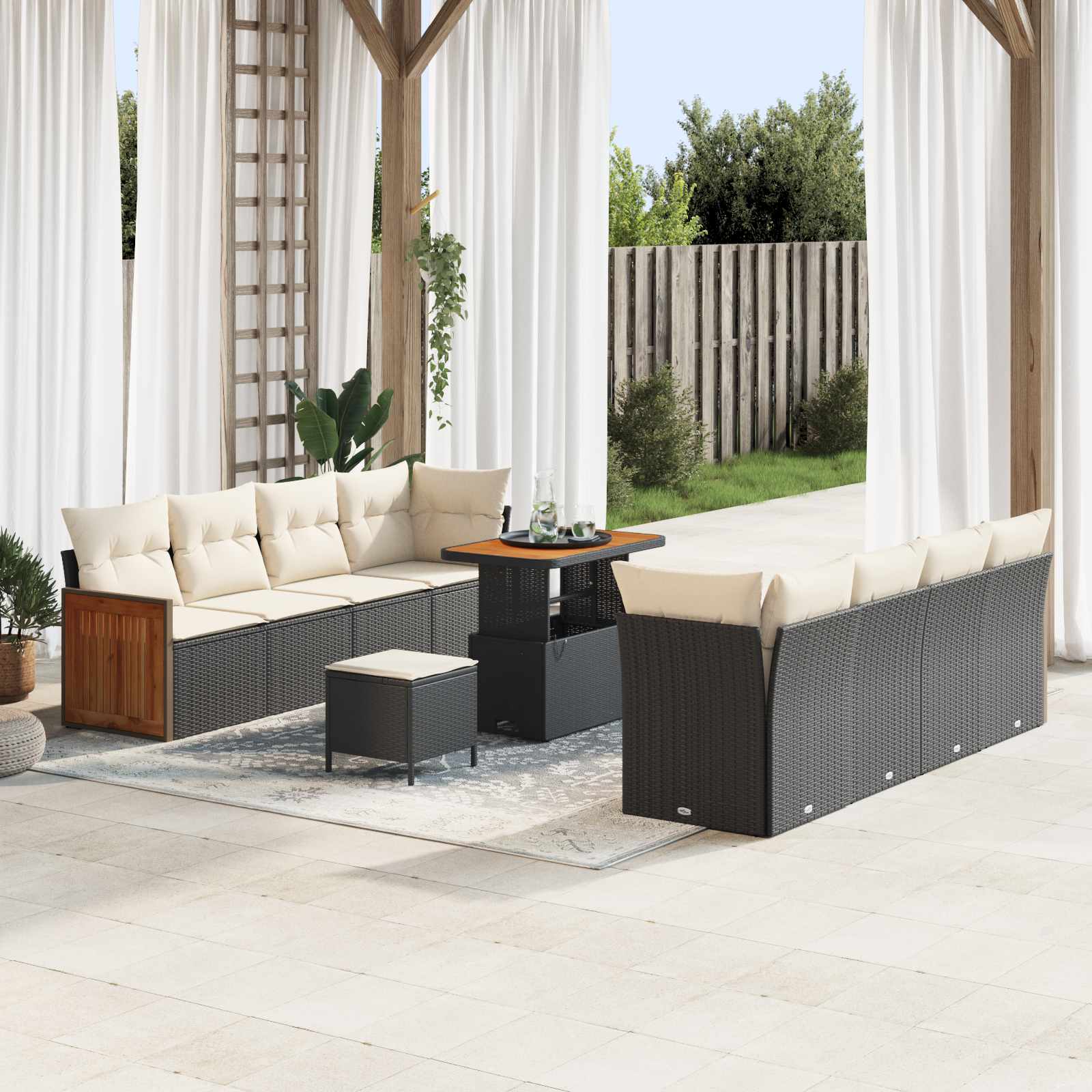 Set Divano da Giardino con cuscino 11 pcs Nero e Crema | homemem39
