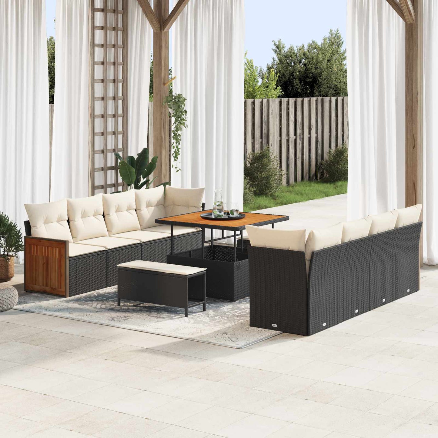 Set Divano da Giardino con cuscino 11 pcs Nero e Crema | homemem39