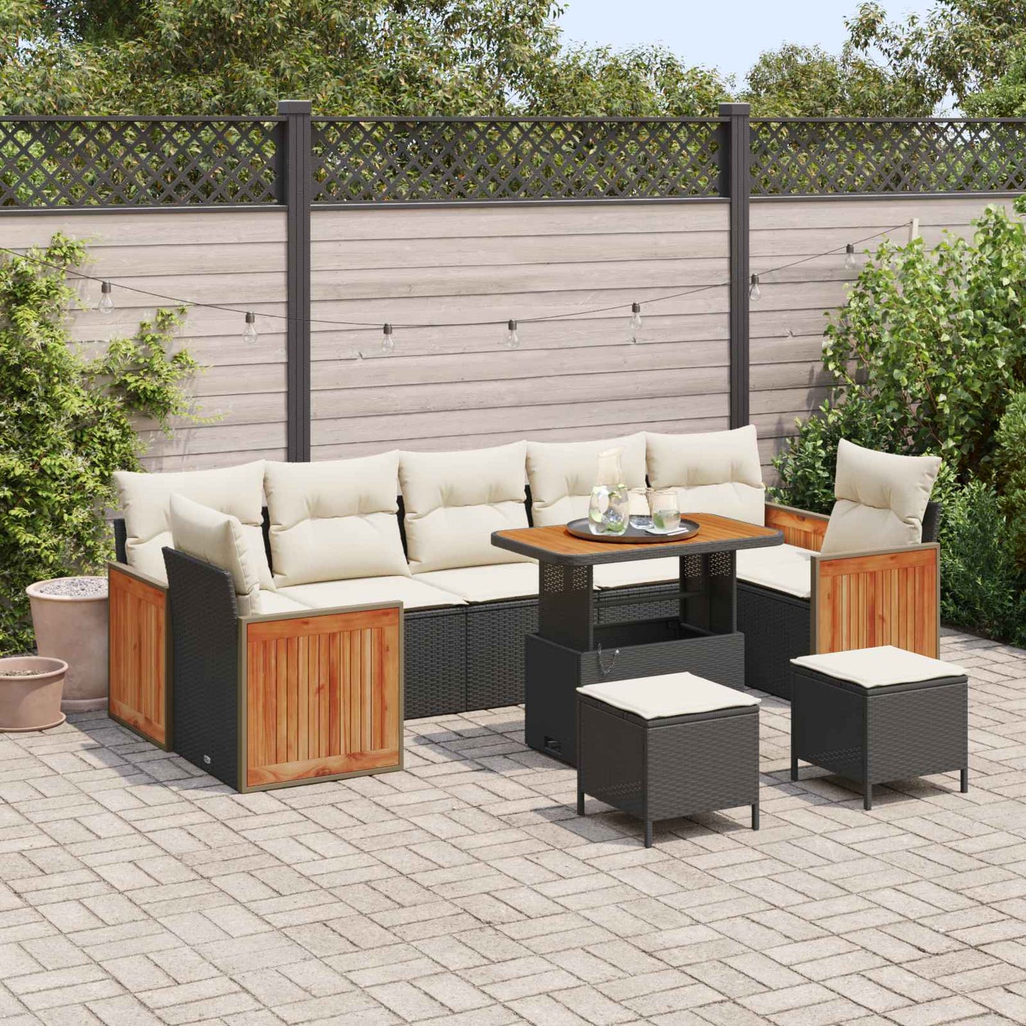 Set Divano da Giardino 10 pz 10-Numero di posti Nero e Crema | homemem39