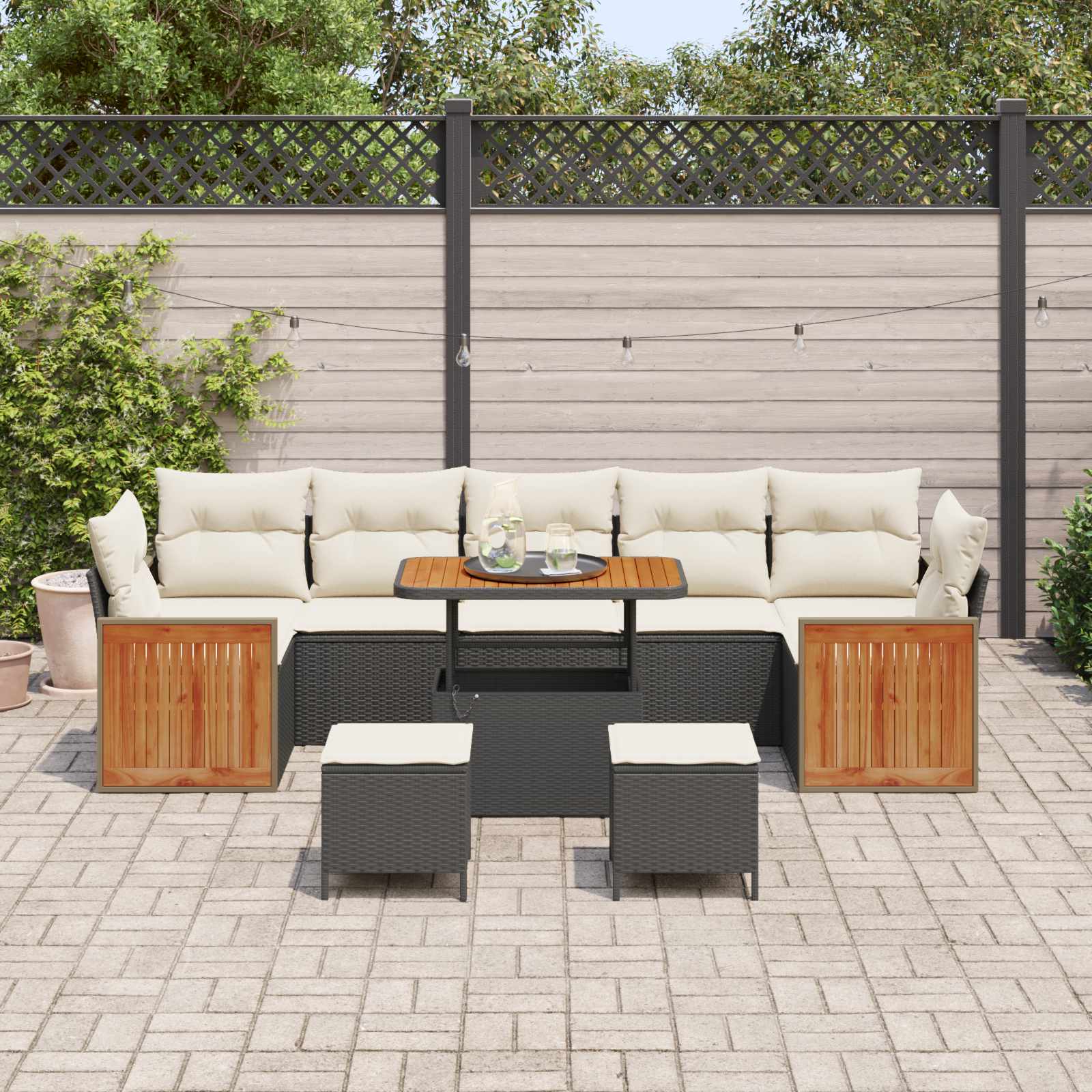 Set Divano da Giardino 10 pz 10-Numero di posti Nero e Crema | homemem39