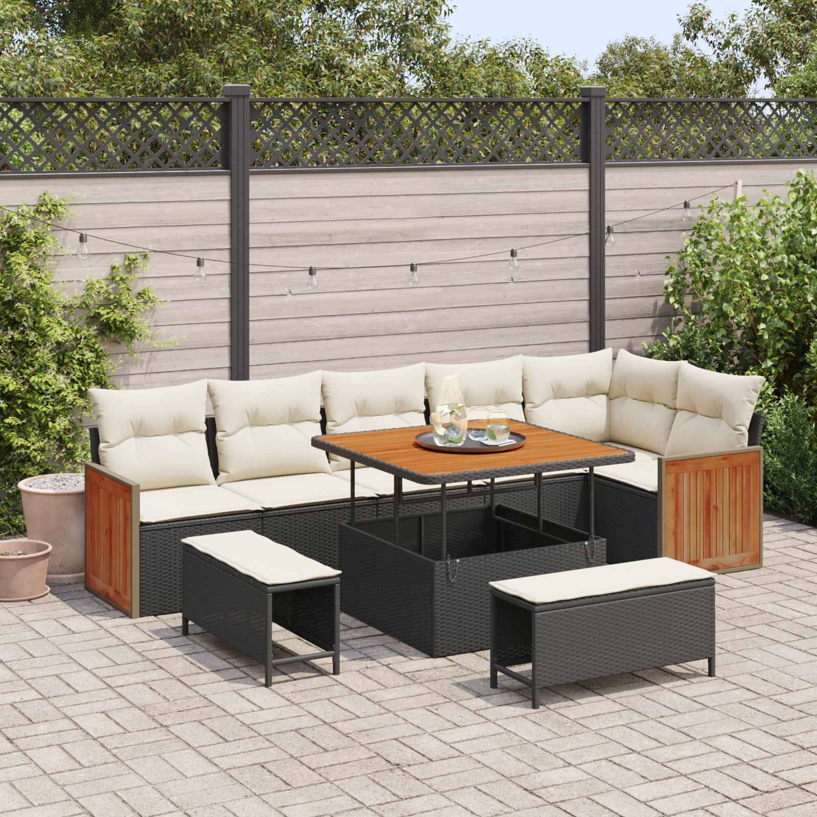 Set Divano da Giardino con cuscino 9 pcs Nero e Crema | homemem39