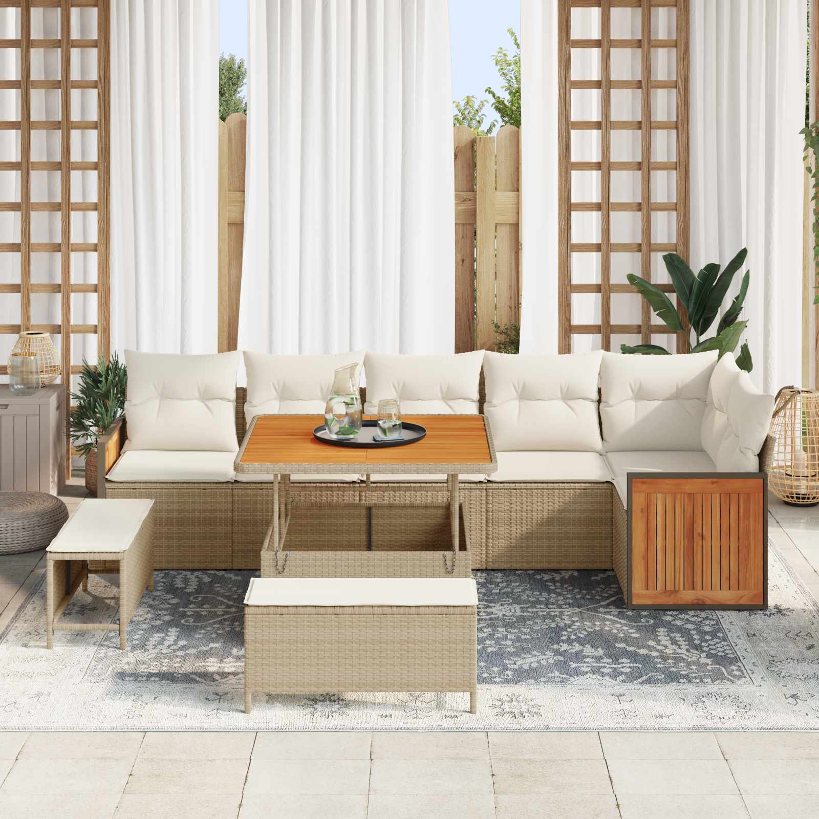 Set Divano da Giardino con cuscino 9 pcs Beige e Crema | homemem39