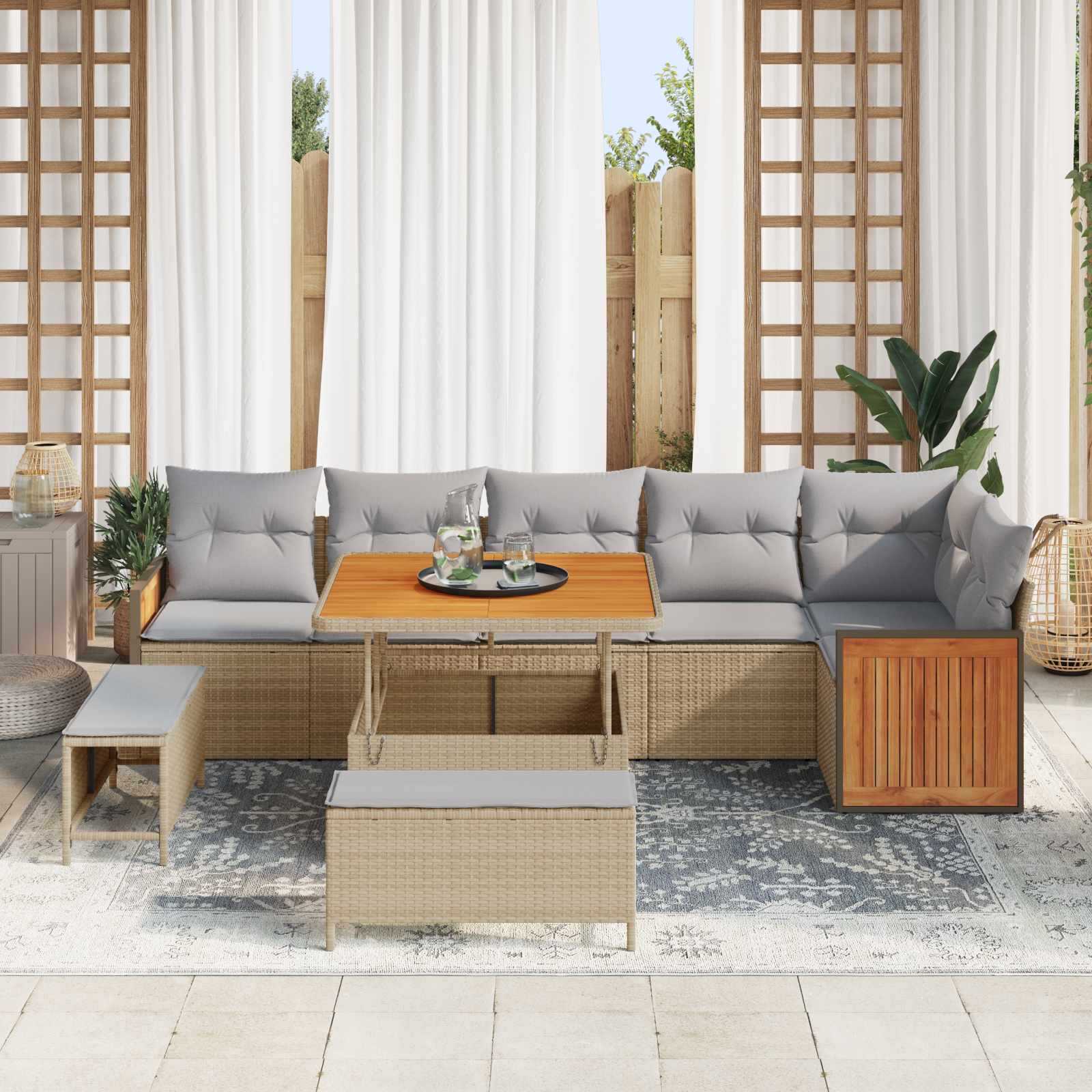 Set Divano da Giardino con cuscino 9 pcs Beige e Grigio Chiaro | homemem39