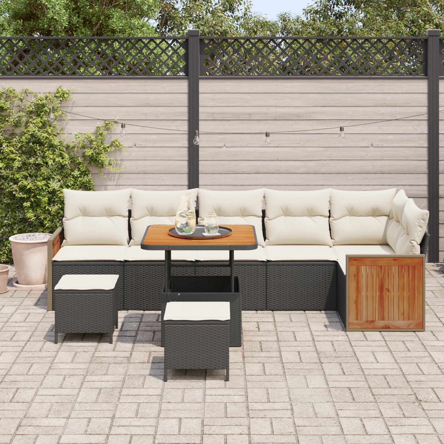 Set Divano da Giardino con cuscino 9 pcs Nero e Crema | homemem39