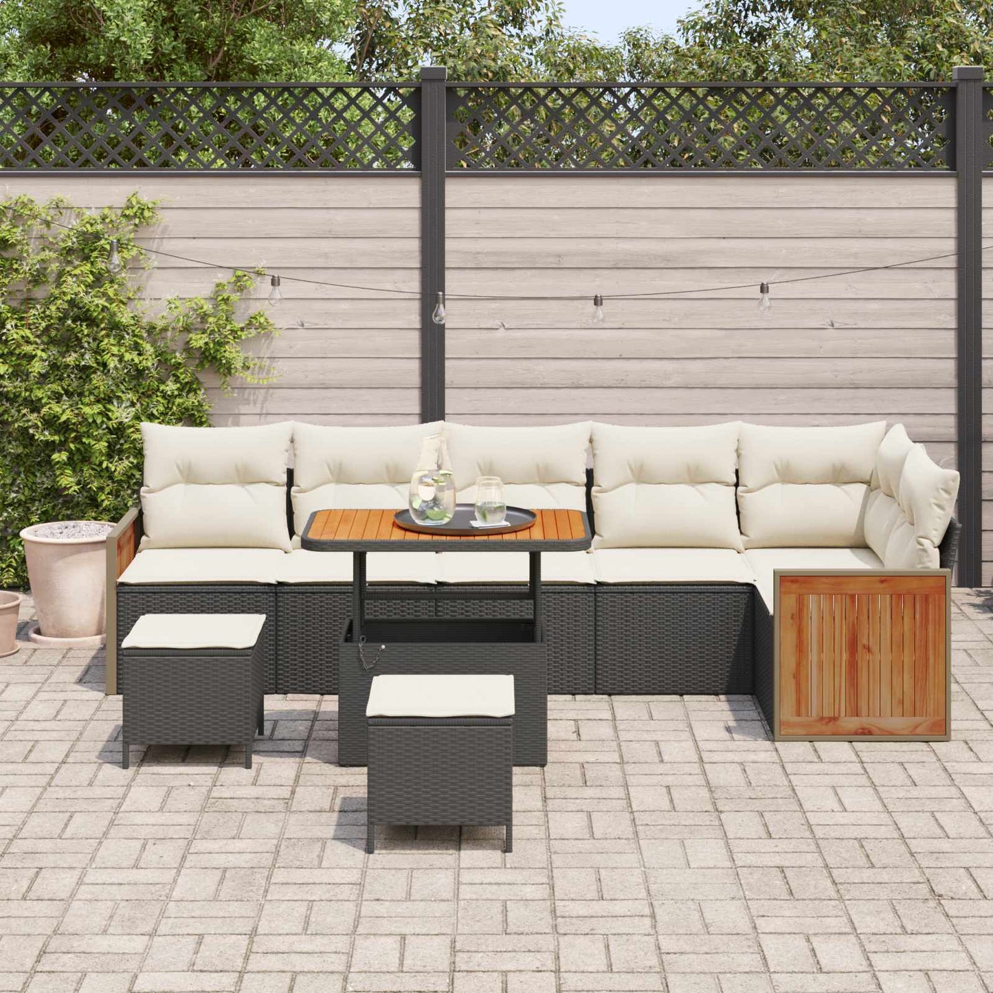 Set Divano da Giardino con cuscino 9 pcs Nero e Crema | homemem39