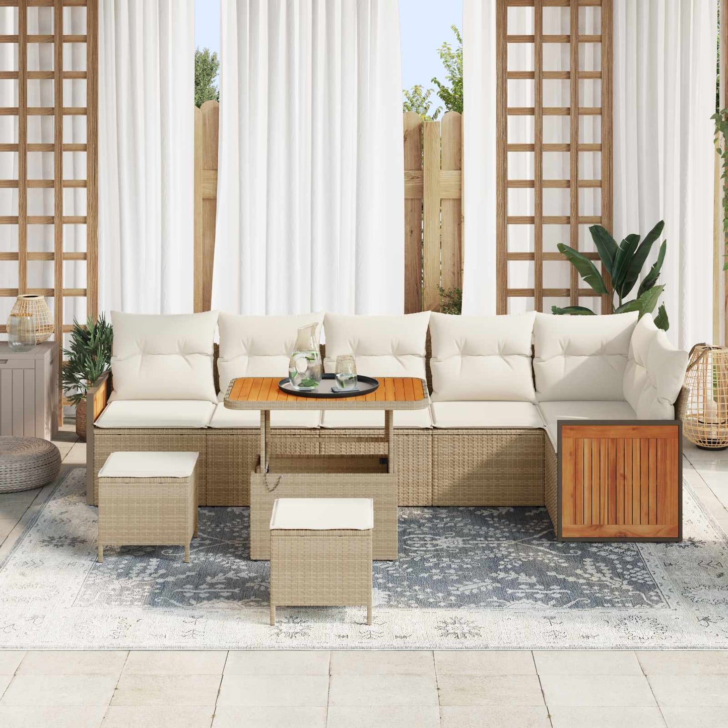 Set Divano da Giardino con cuscino 9 pcs Beige e Crema | homemem39