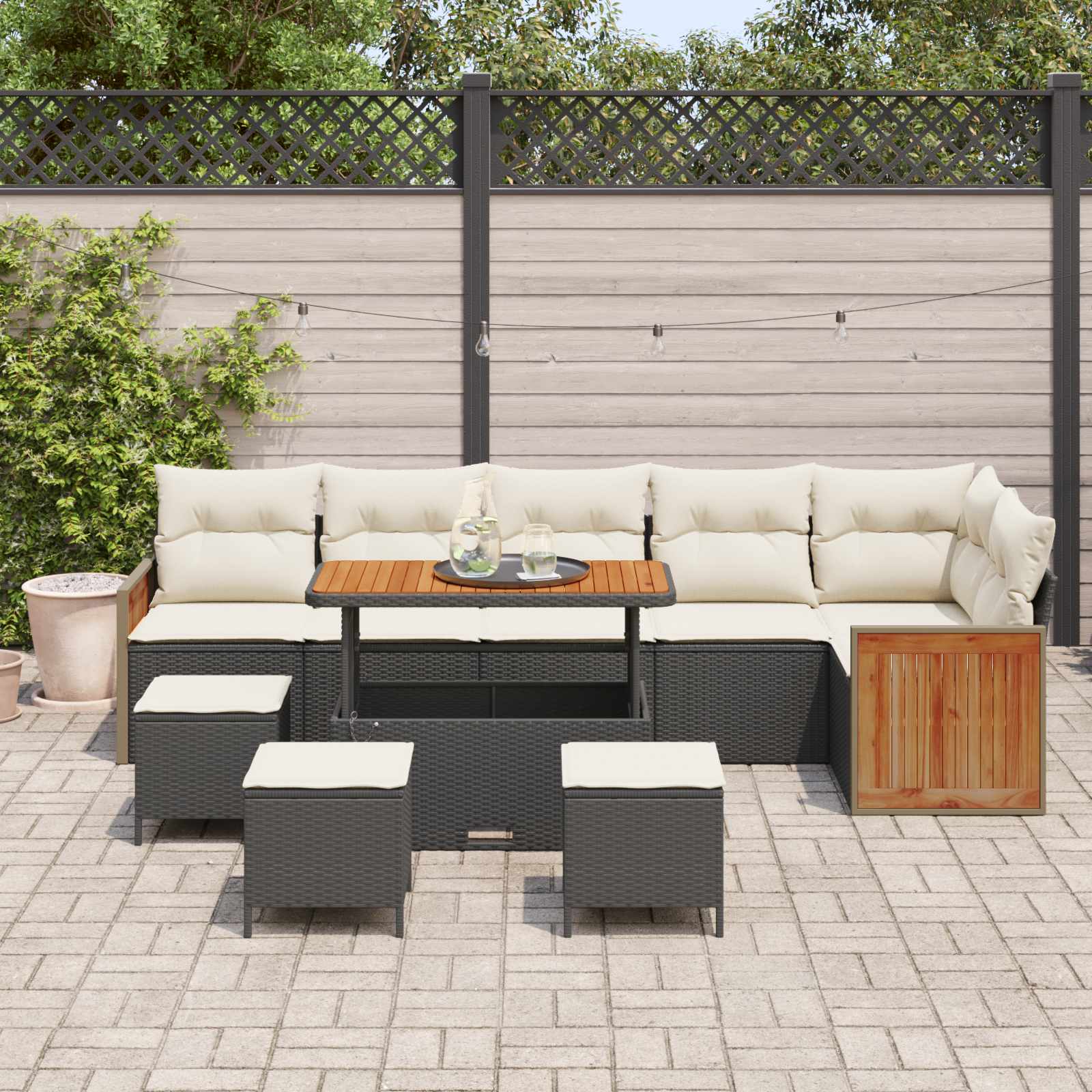 Set Divano da Giardino con cuscino 10 pcs Nero e Crema | homemem39