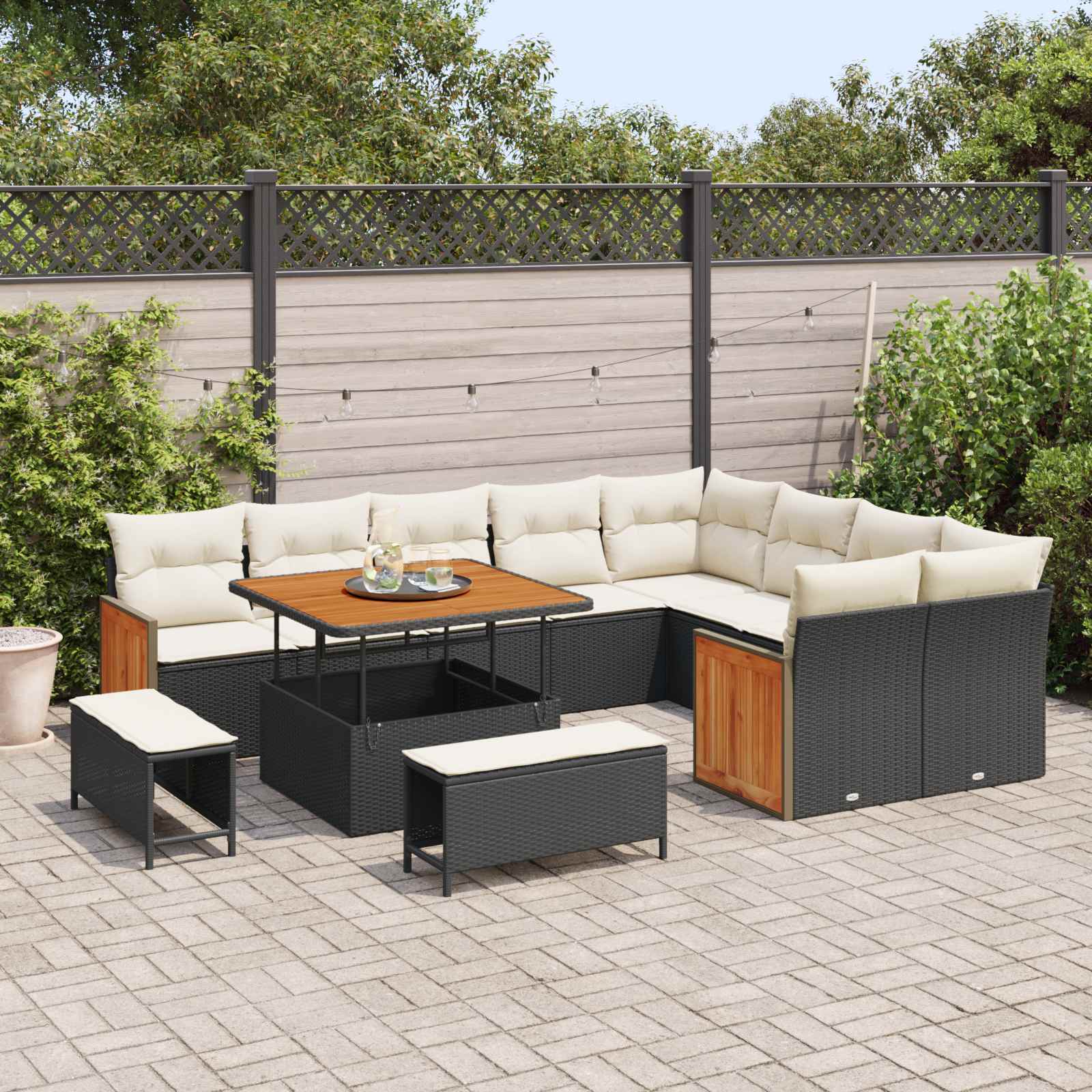 Set Divano da Giardino con cuscino 12 pcs Nero e Crema | homemem39