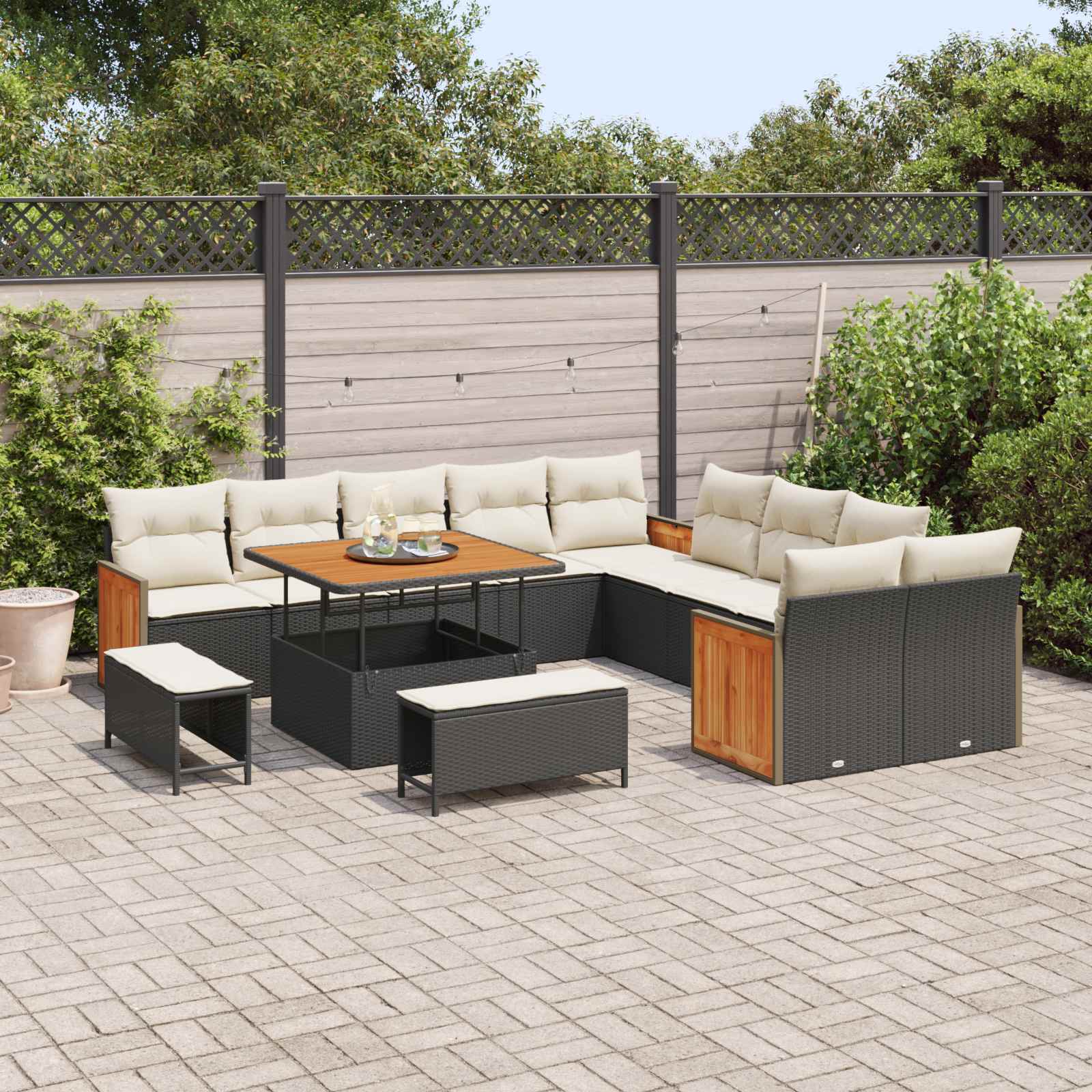 Set Divano da Giardino con cuscino 13 pcs Nero e Crema | homemem39