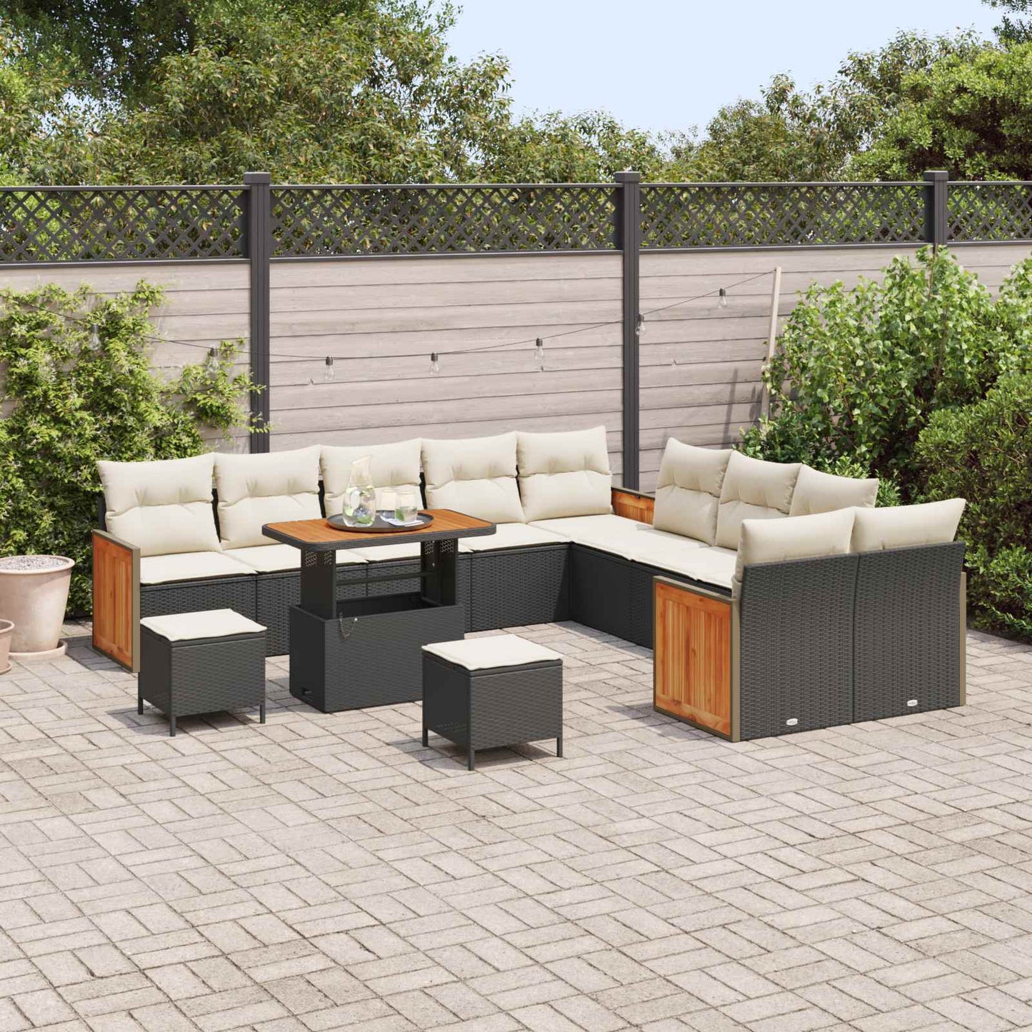 Set Divano da Giardino con cuscino 13 pcs Nero e Crema | homemem39