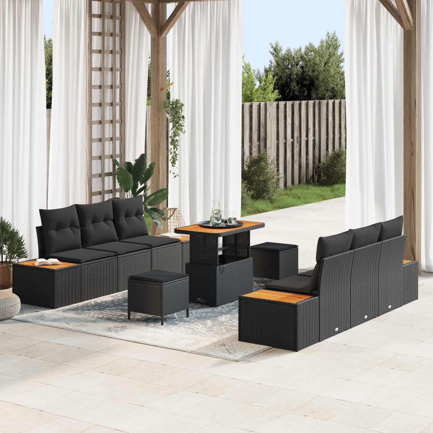 Set Divano da Giardino con cuscino 9 pcs Nero | homemem39