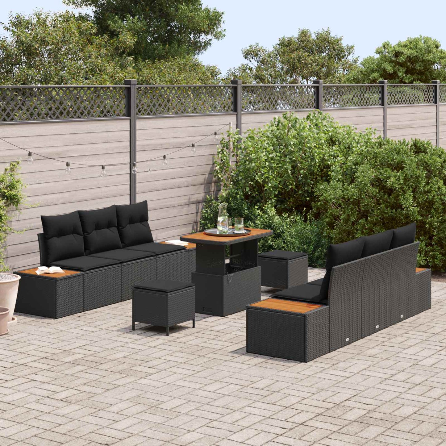 Set Divano da Giardino con cuscino 9 pcs Nero | homemem39