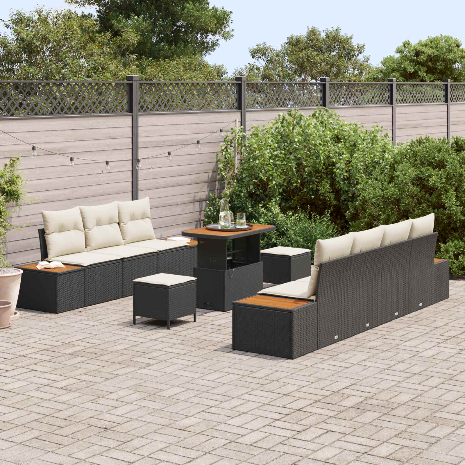 Set Divano da Giardino con cuscino 10 pcs Nero e Crema | homemem39