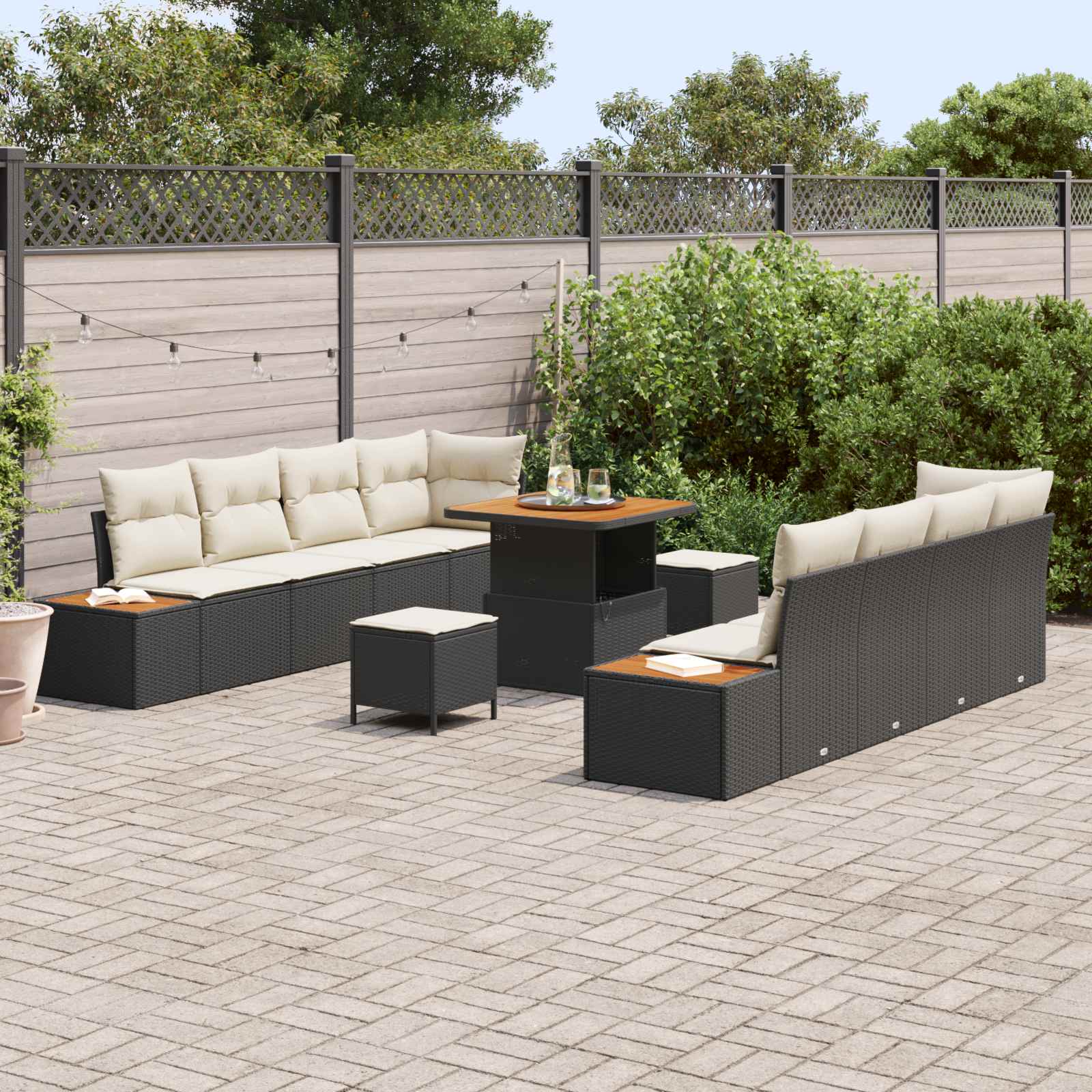 Set Divano da Giardino con cuscino 11 pcs Nero e Crema | homemem39