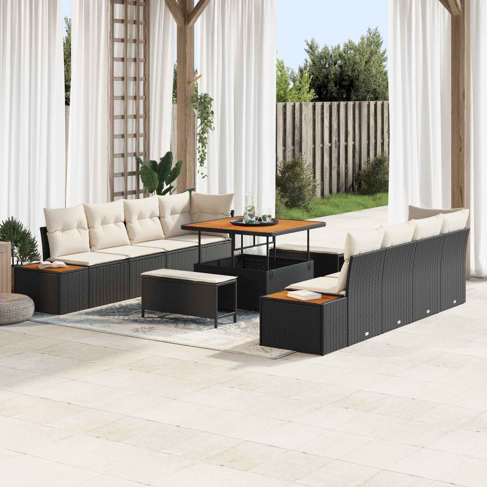 Set Divano da Giardino con cuscino 11 pcs Nero e Crema | homemem39