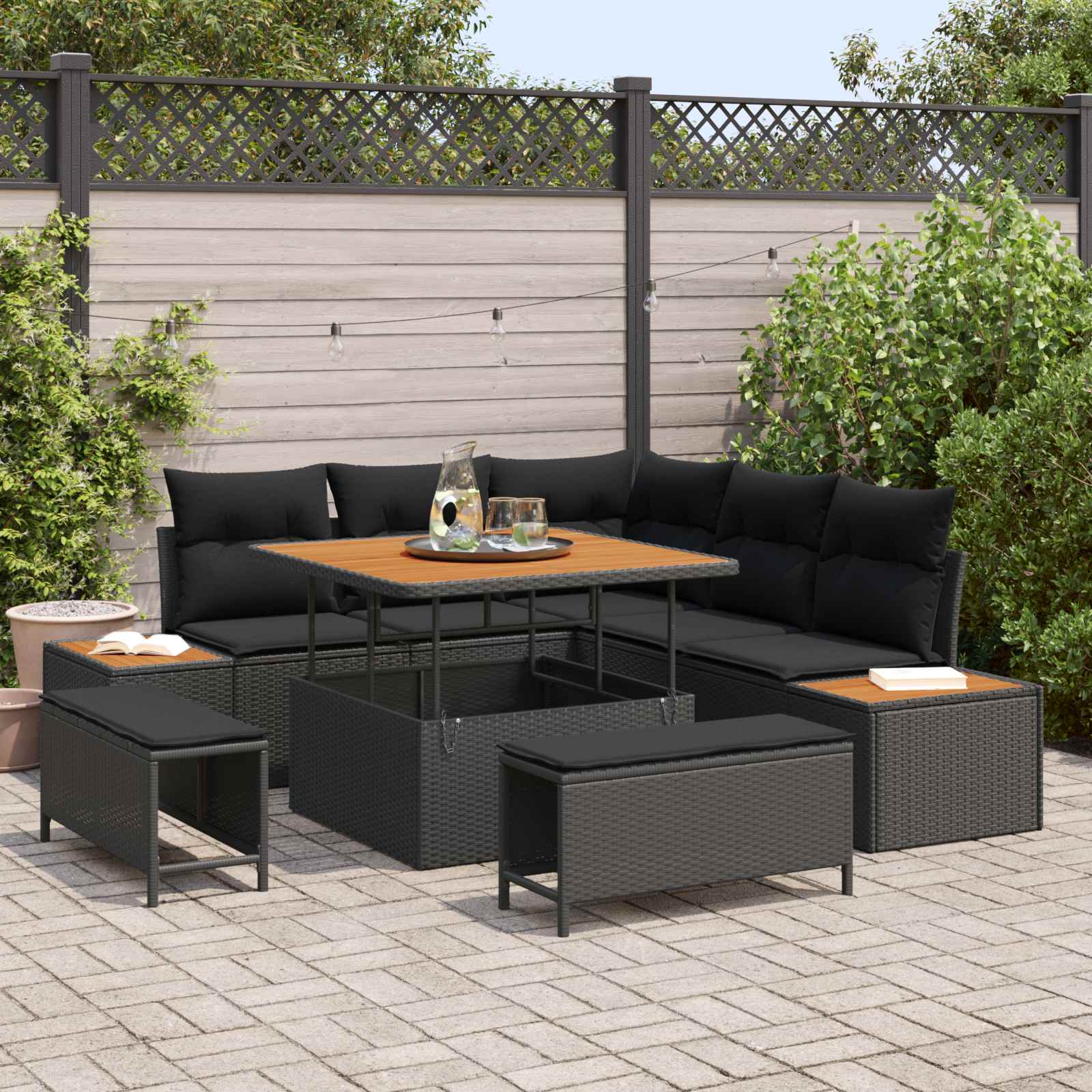 Set Divano da Giardino con cuscino 8 pcs Nero | homemem39