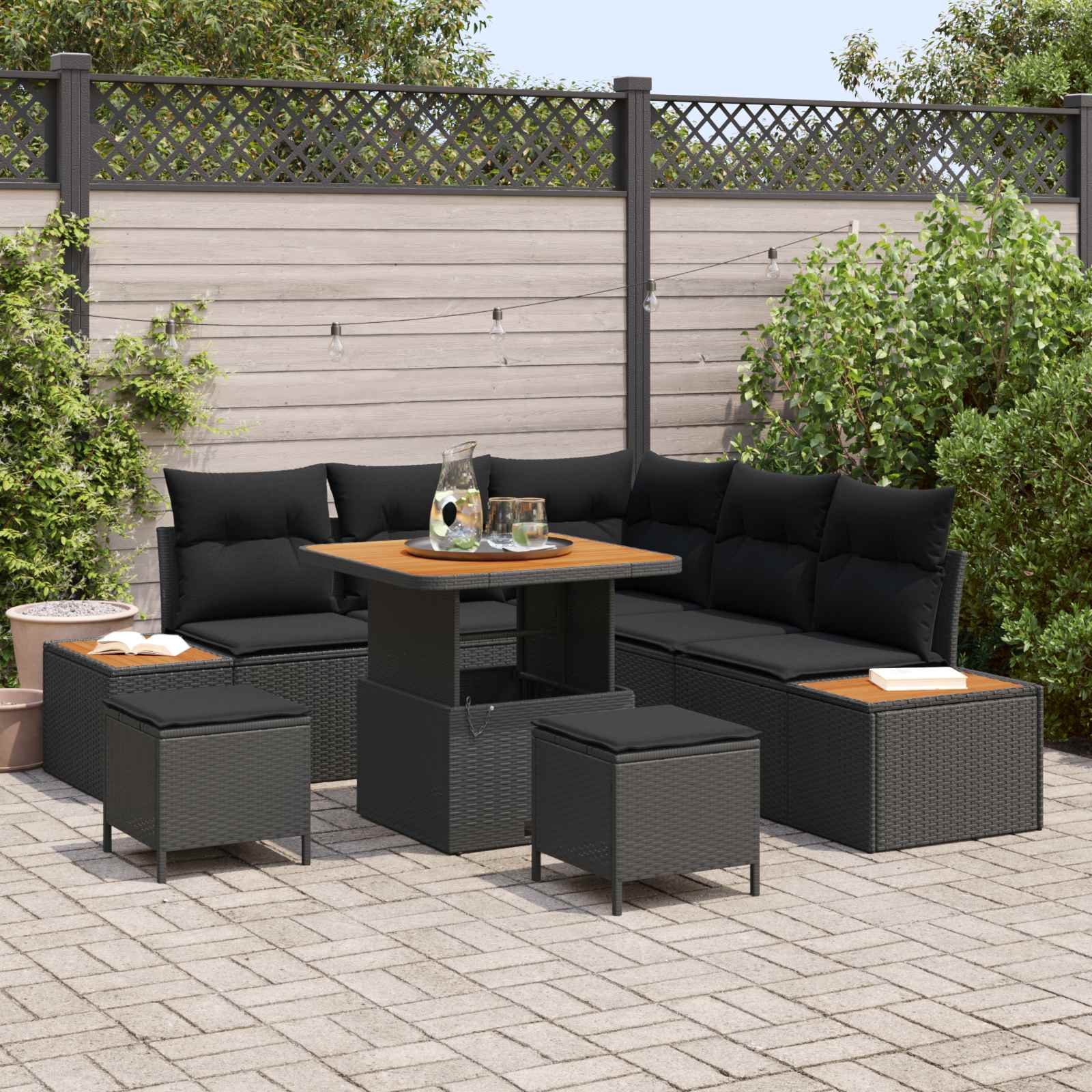 Set Divano da Giardino con cuscino 8 pcs Nero | homemem39