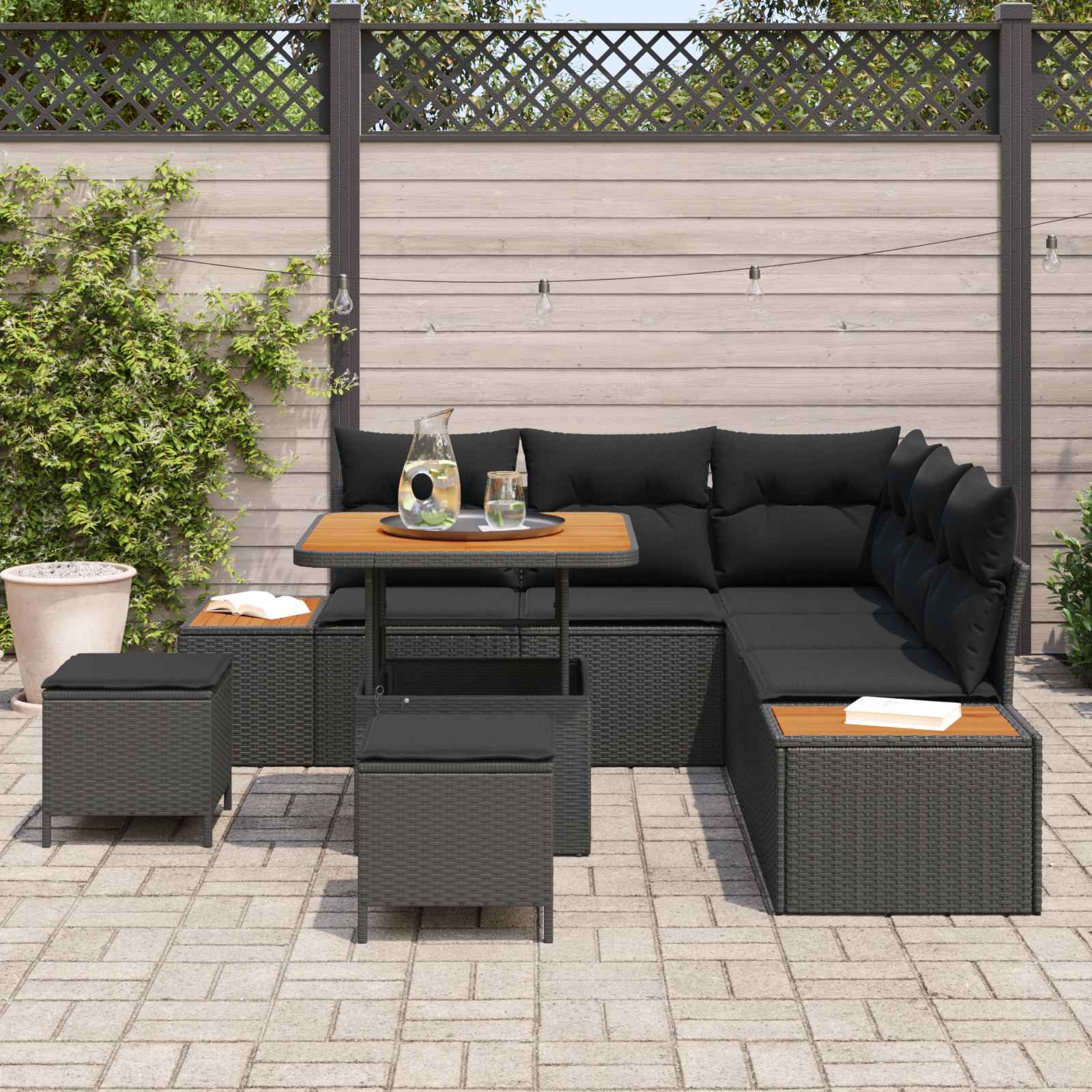 Set Divano da Giardino con cuscino 8 pcs Nero | homemem39