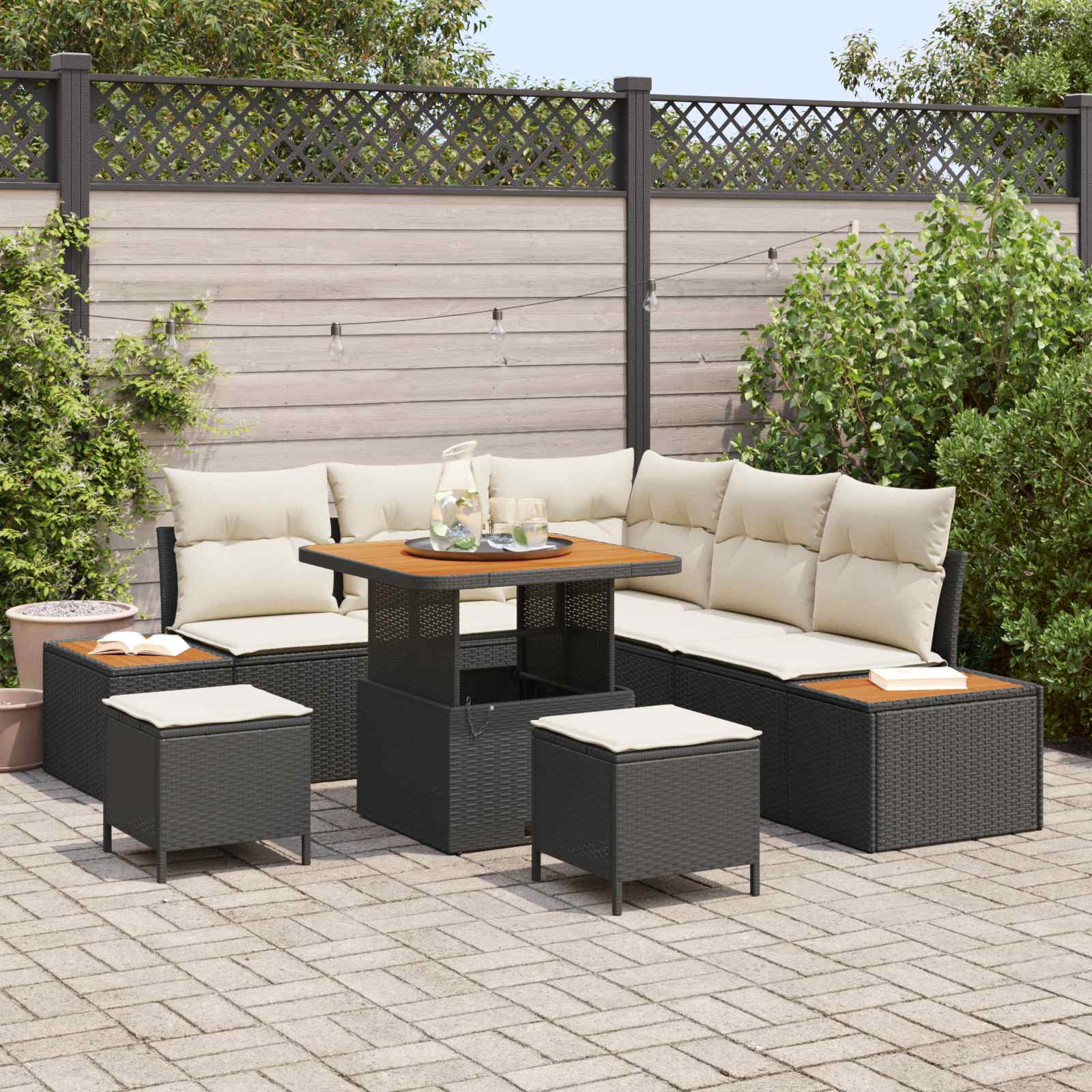 Set Divano da Giardino con cuscino 8 pcs Nero e Crema | homemem39