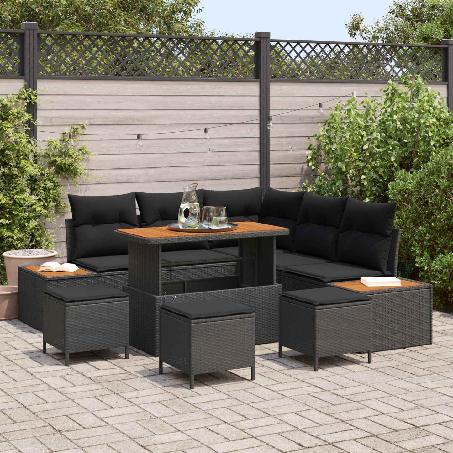 Set Divano da Giardino con cuscino 9 pcs Nero | homemem39
