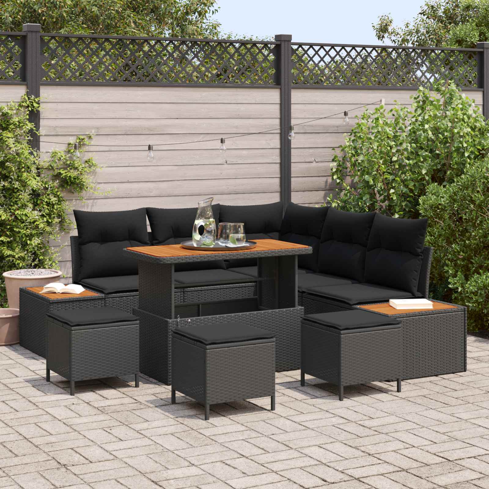 Set Divano da Giardino con cuscino 9 pcs Nero | homemem39