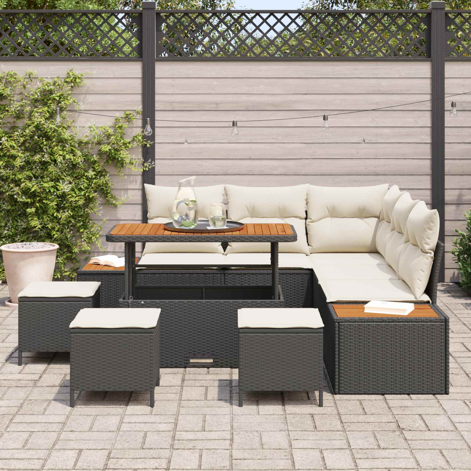 Set Divano da Giardino 9 pz 8-Numero di posti Nero e Crema | homemem39