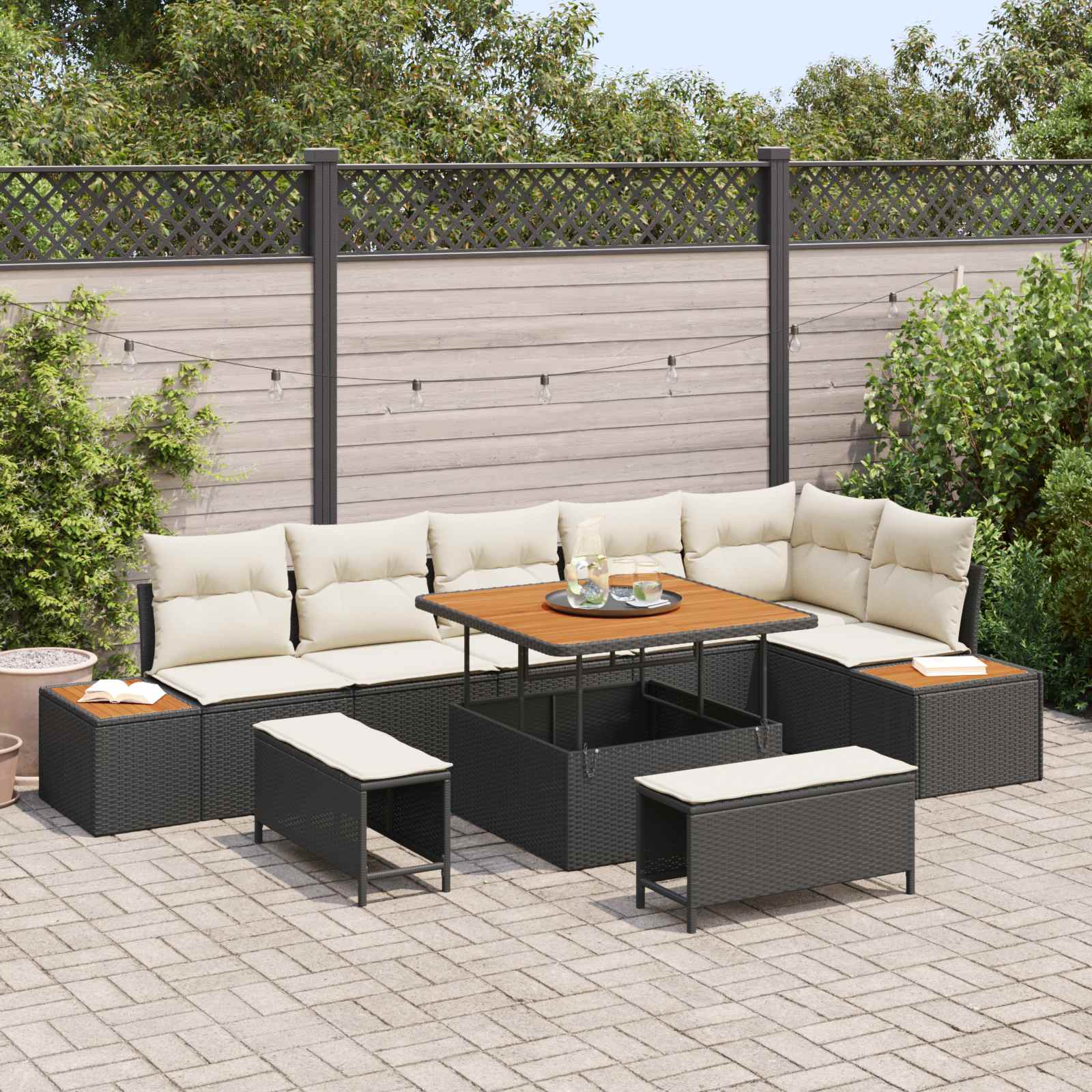 Set Divano da Giardino con cuscino 9 pcs Nero e Crema | homemem39