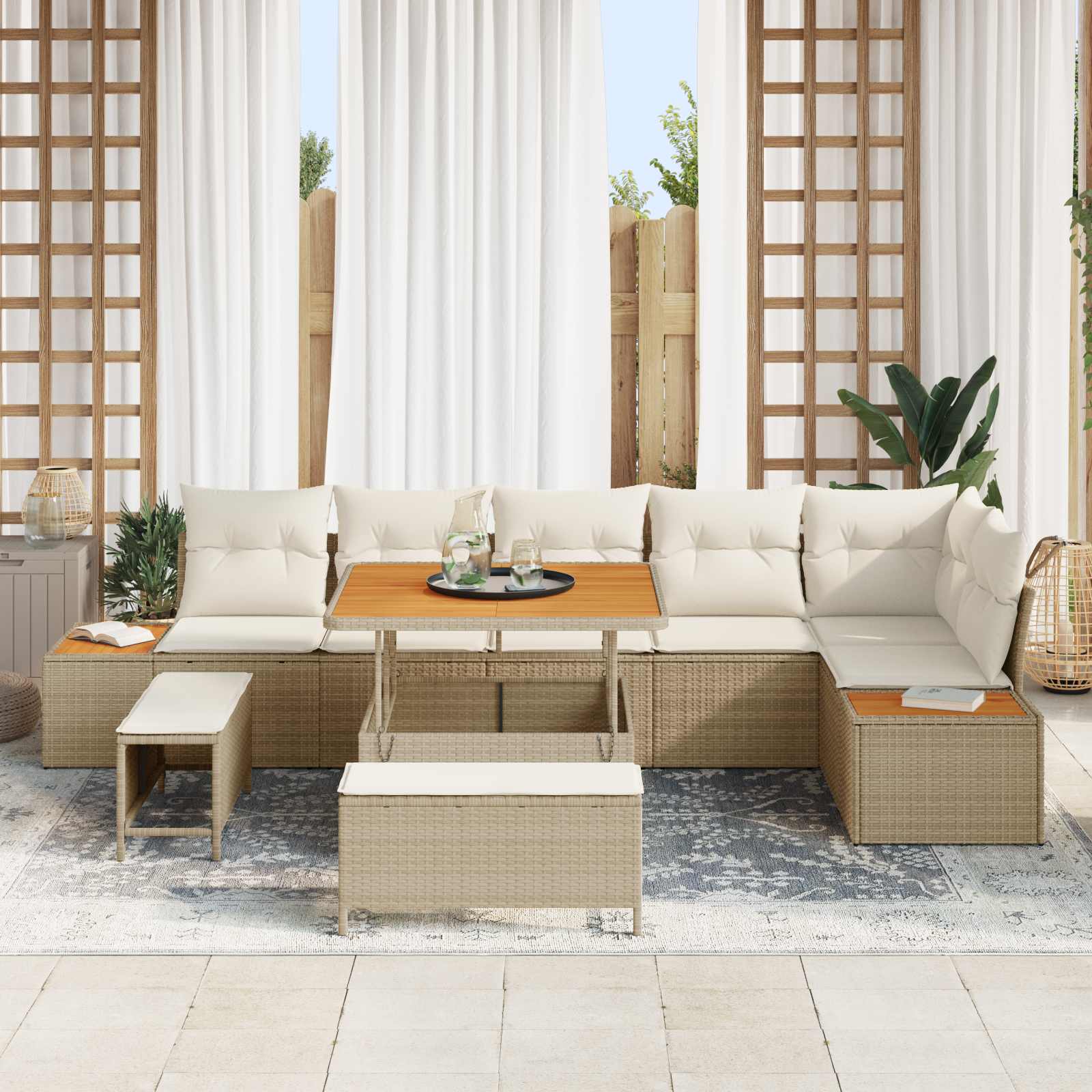 Set Divano da Giardino con cuscino 9 pcs Beige e Crema | homemem39