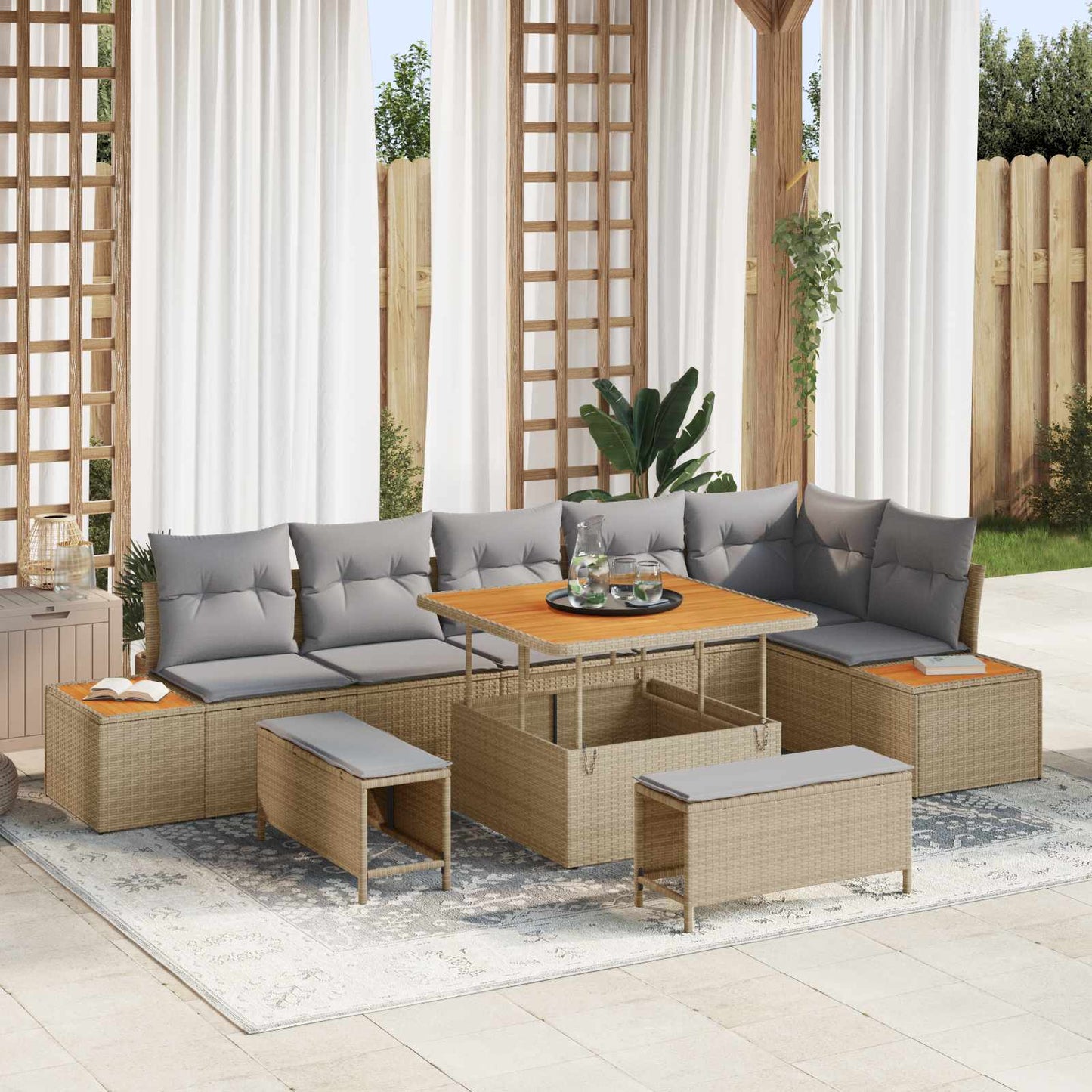 Set Divano da Giardino con cuscino 9 pcs Beige e Grigio Chiaro | homemem39