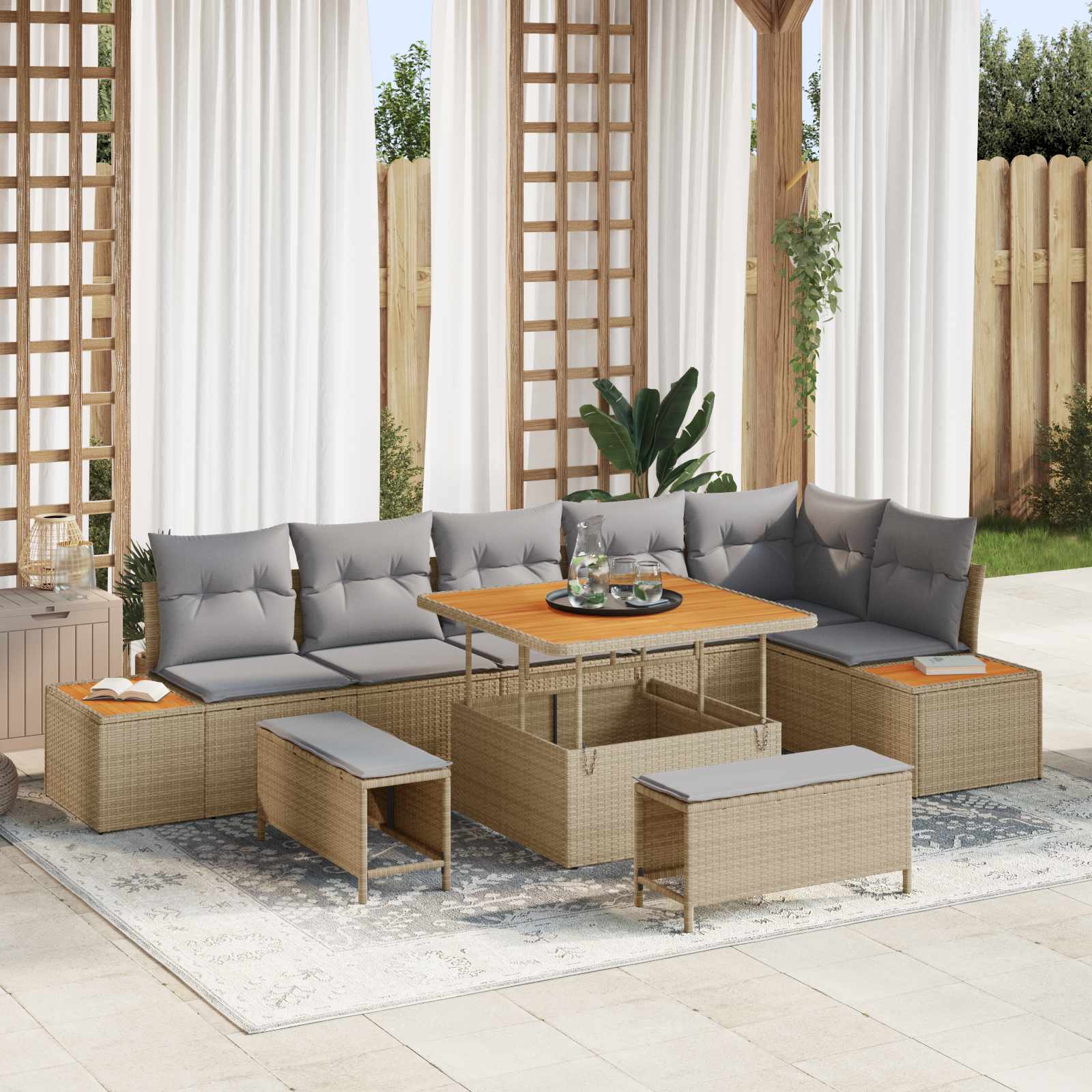 Set Divano da Giardino con cuscino 9 pcs Beige e Grigio Chiaro | homemem39