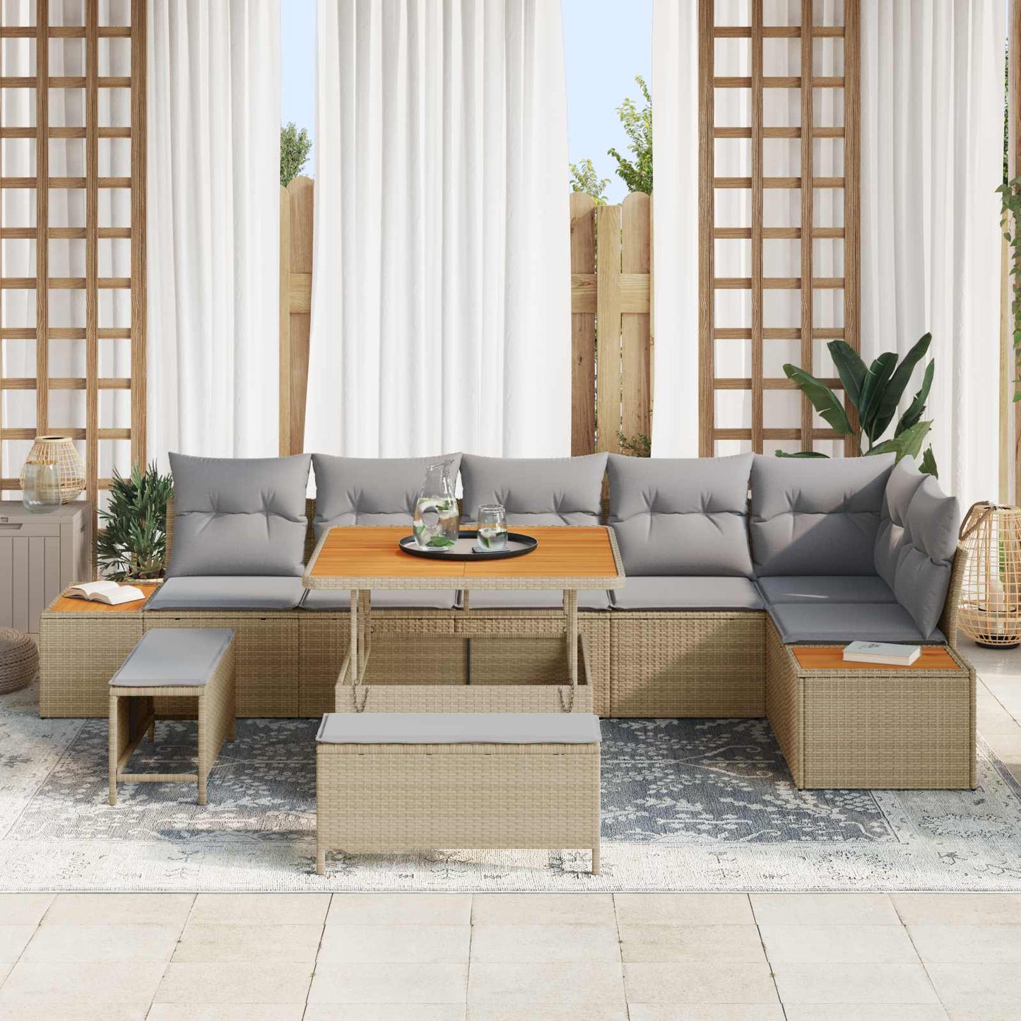 Set Divano da Giardino con cuscino 9 pcs Beige e Grigio Chiaro | homemem39