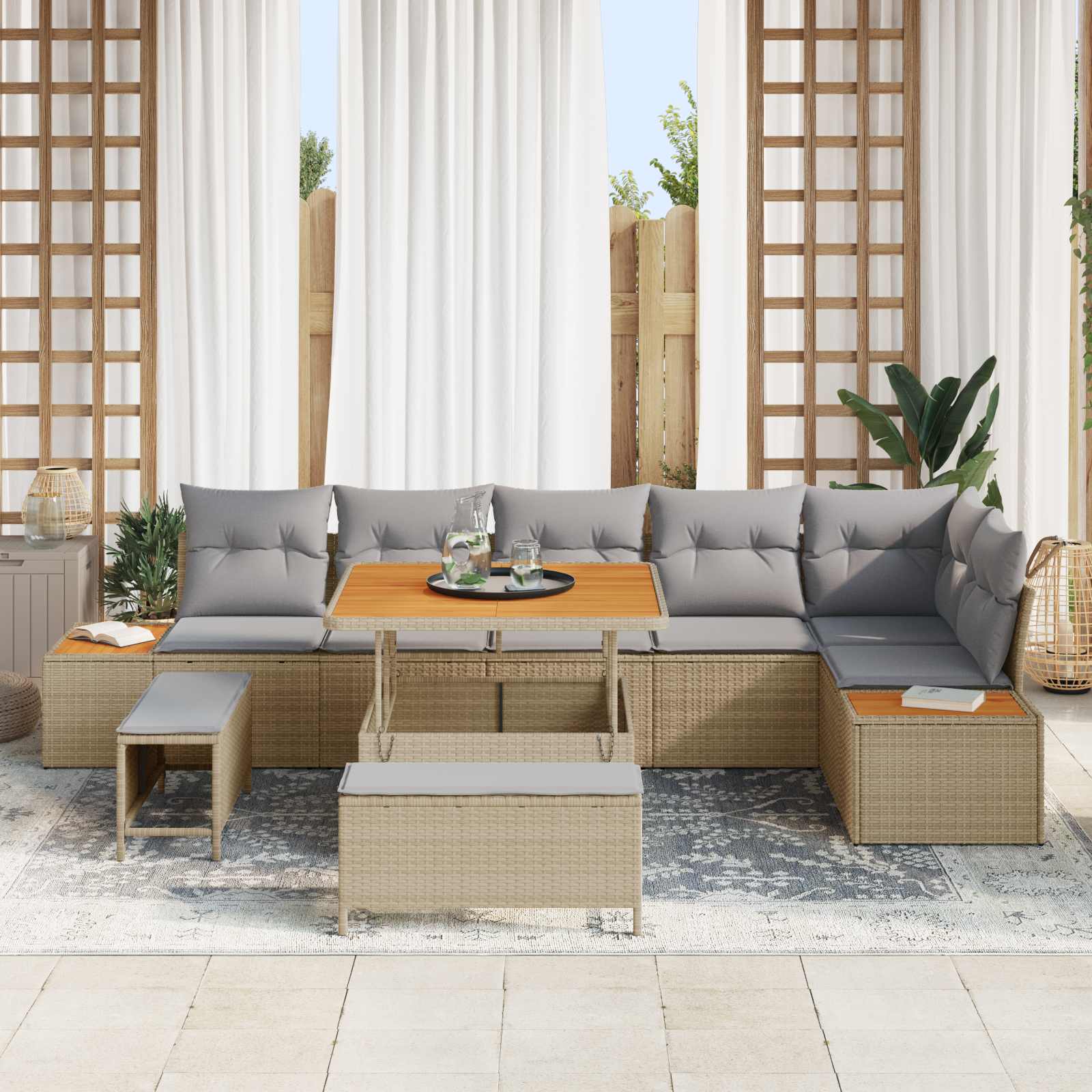 Set Divano da Giardino con cuscino 9 pcs Beige e Grigio Chiaro | homemem39