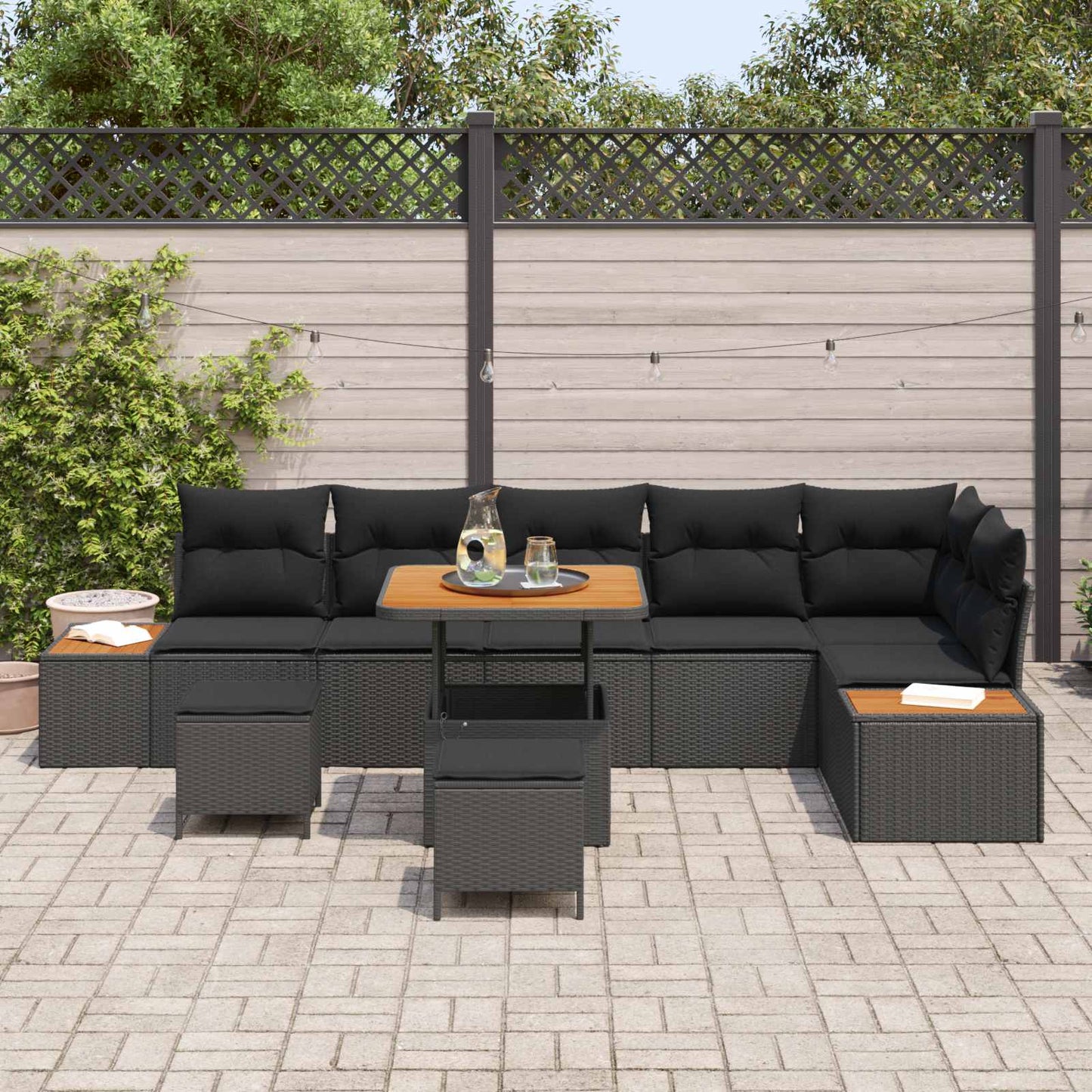 Set Divano da Giardino con cuscino 9 pcs Nero