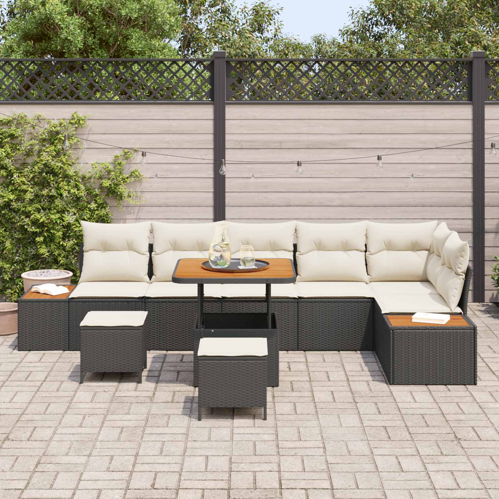 Set Divano da Giardino con cuscino 9 pcs Nero e Crema | homemem39