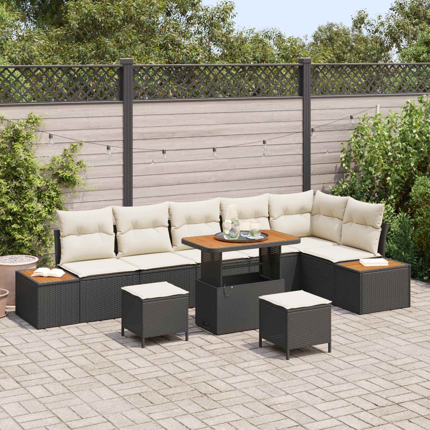 Set Divano da Giardino con cuscino 9 pcs Nero e Crema | homemem39