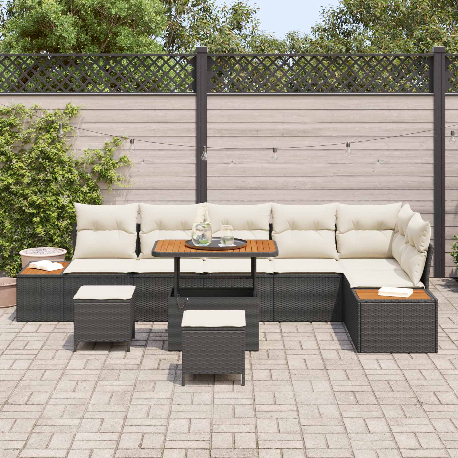 Set Divano da Giardino con cuscino 9 pcs Nero e Crema | homemem39